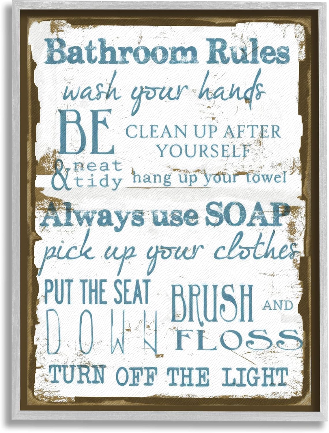Stupell Industries Brown and Blue Classic Bathroom Rules, Design by Taylor Greene Gray Framed Wall Art, 24 x 30