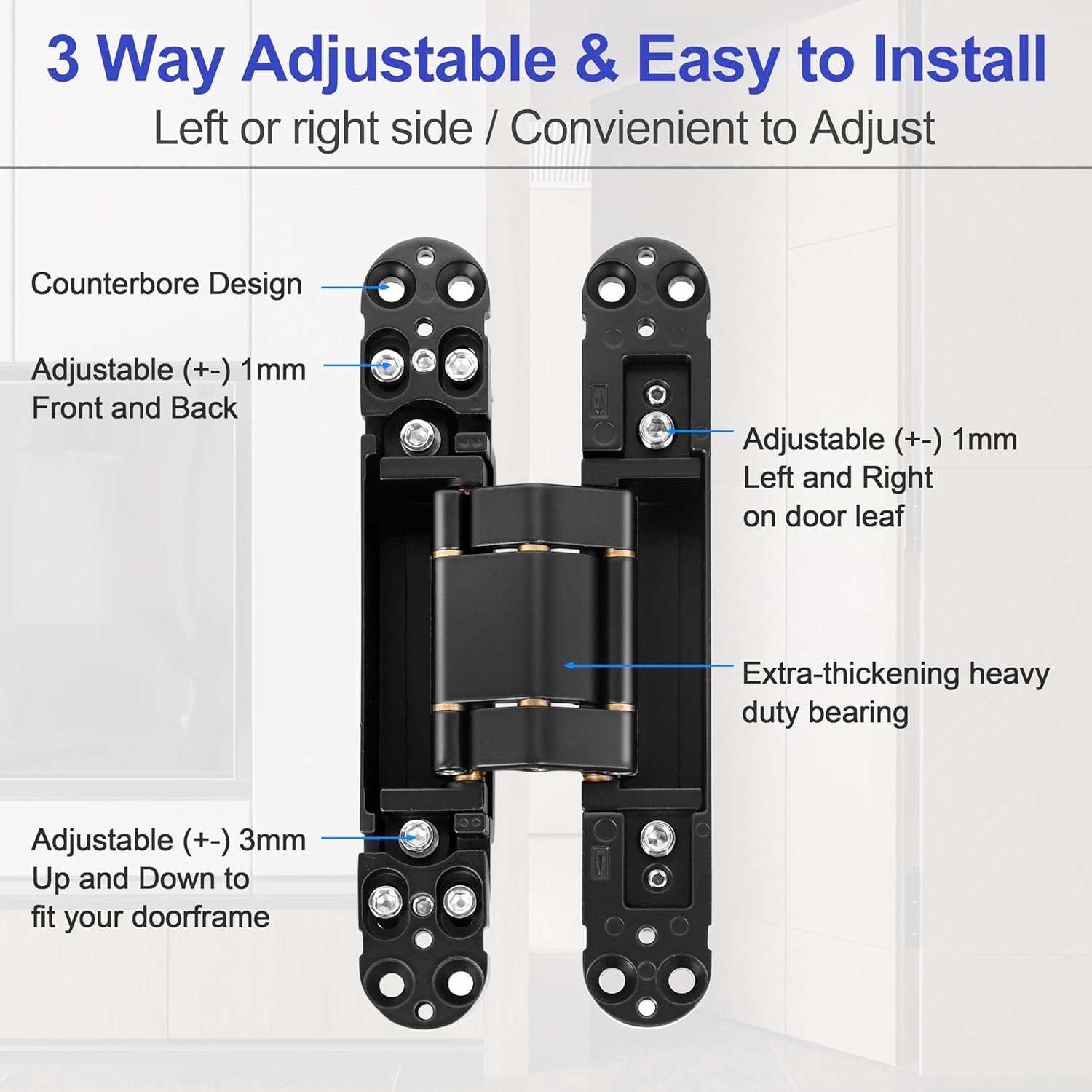 2Kits 7 inch Stainless Steel Hidden Door Hinges -Invisible Hinges for Doors, 180 Degree Swing Concealed Door Hinges, 3 Way Adjustable for Heavy Duty (‎Black)