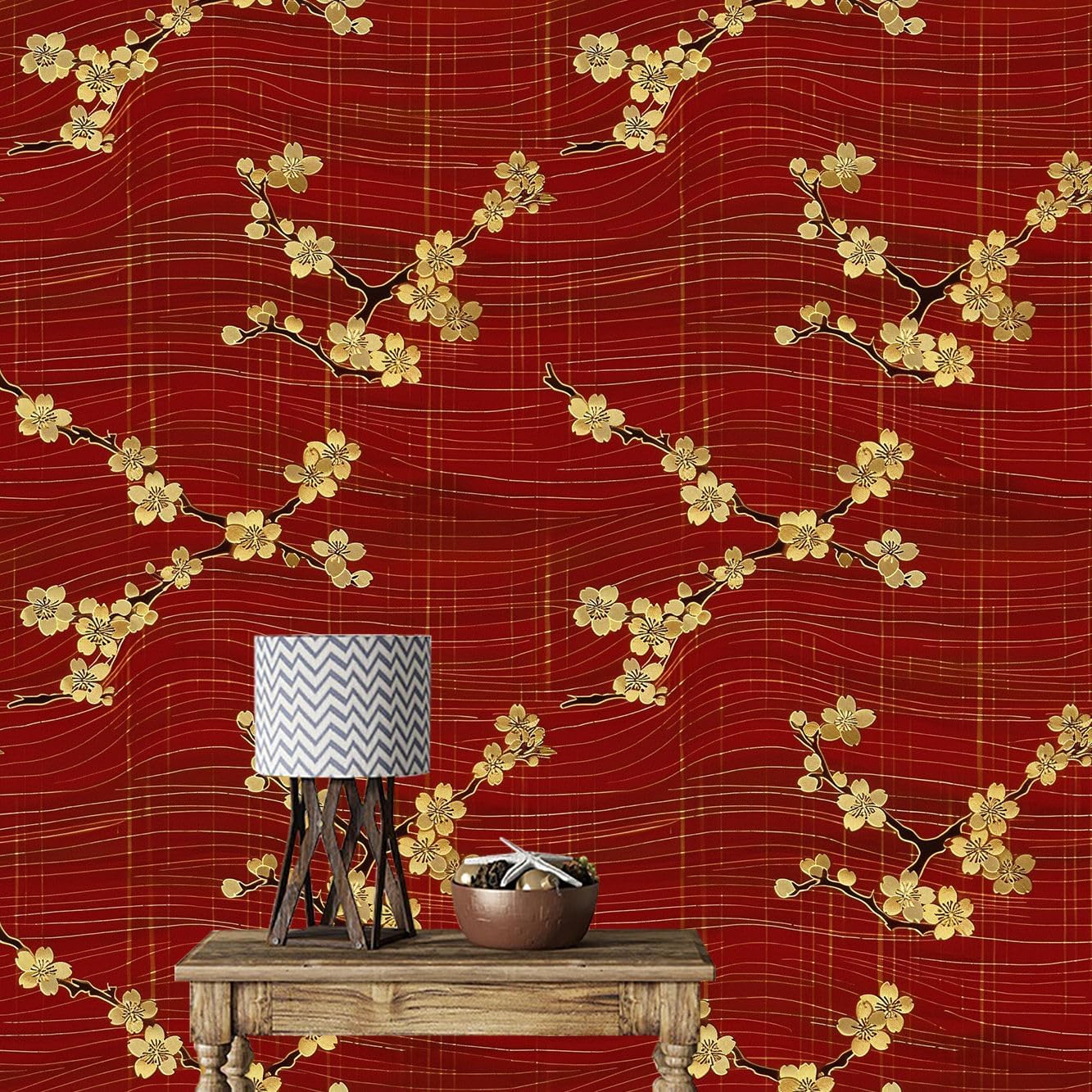 Removable Peel and Stick Wallpaper Red Cherry Blossom Wavy Red Japanese