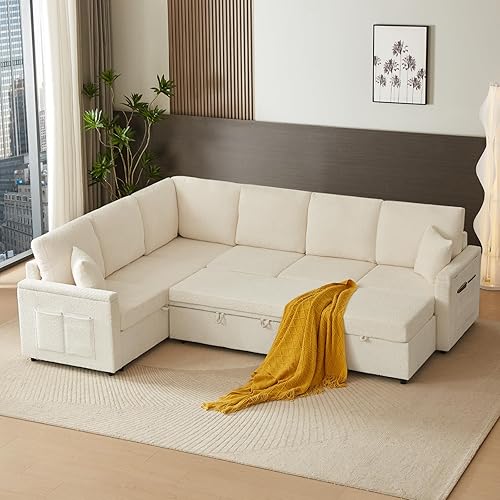 112'' Sectional Sleeper Sofa with Pull Out Bed, 8 Storages U Shaped 7 Seater Modular Sectional Sofa Comfy Sectional Couches for Living Room, Pet-Friendly Couch Bed (Cashmere, Beige