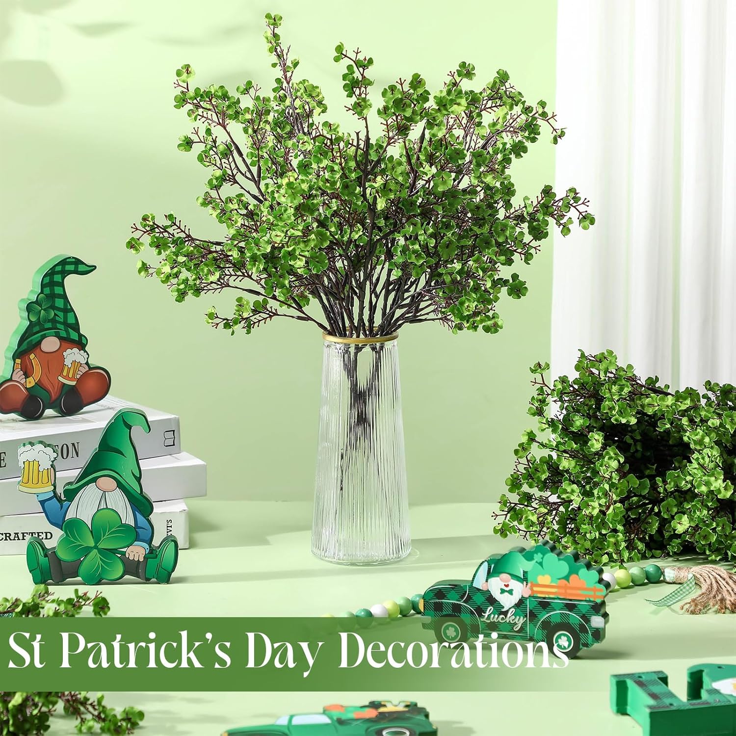 XunYee 24 Pcs St. Patrick's Day Decorations Irish Lucky Clover Shamrock Babys Breath Flowers 19.6" Green Artificial Gypsophila Bouquet Fake Silk Plants Flowers Bouquets for Spring Home Decor