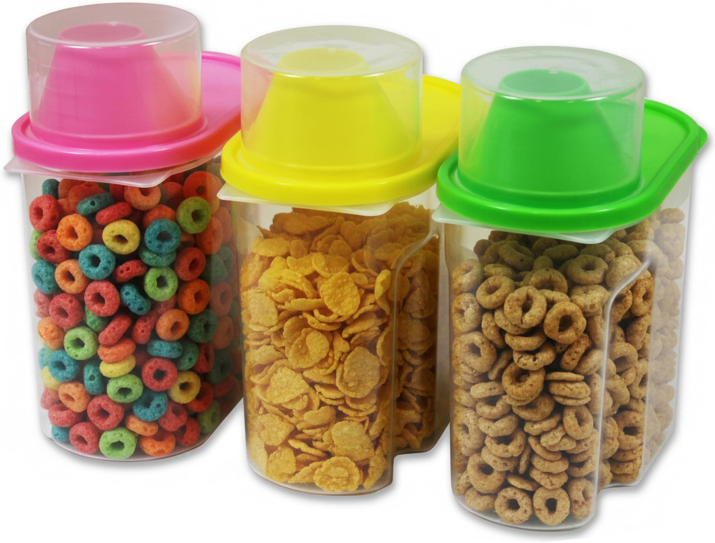 Basicwise 1.9 Liters Set of 3 Small Airtight Food Storage Containers with Pouring Spout and Measuring Cup Lid for Flour Sugar Cereal Rice Pantry Staples & Baking Ingredients in Green Pink and Yellow