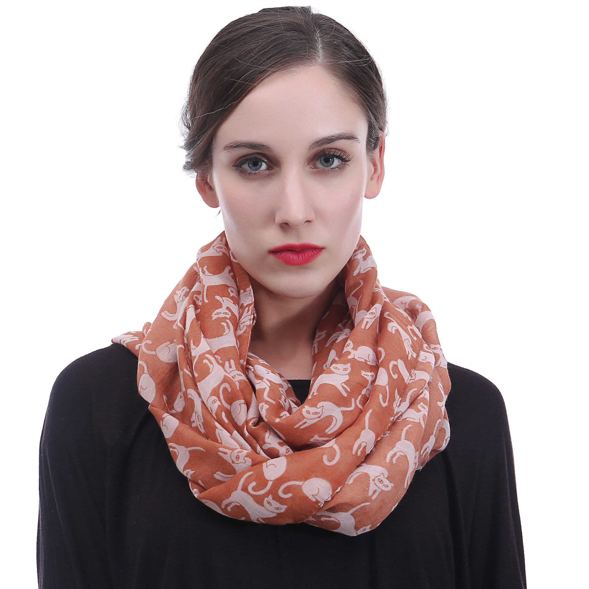 Lina & Lily Women's Brown Cat Print Infinity Scarf Snood Lightweight (Brown)