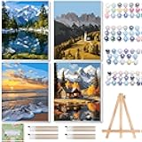 4 Pack Paint by Numbers Kit for Adults, Premium DIY Art Set Featuring Wooden Easel, Premium Craft Kits for Adults Beginners, Drawing Hobbies & Relaxation Gifts-Landscape Map