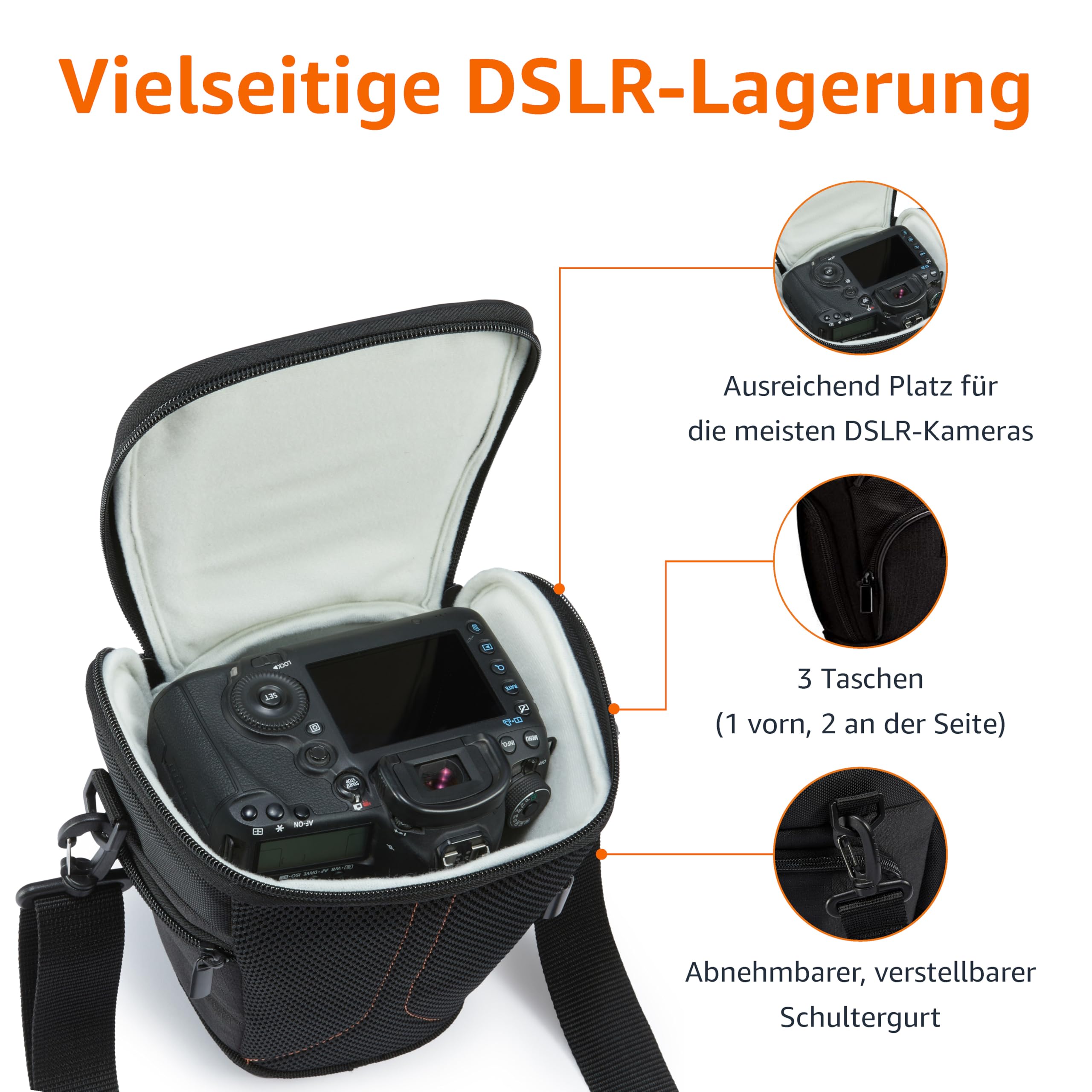 Amazon Basics Holster SLR Schultertasche für Kamera-Körper und Objektiv, Abnehmbarer Gurt, wasserdicht, stoßfest, gepolstert, Einfarbig, Zubehörtasche - Schwarz
