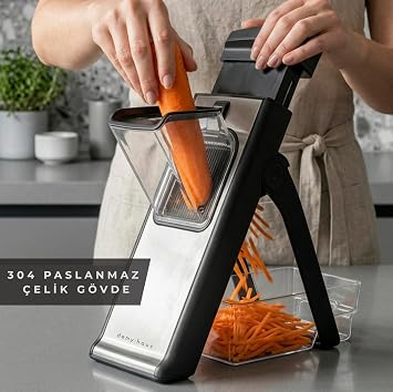 Solocut Mandolin Sebze Doğrayıcı | 4’ü 1 Arada Paslanmaz Çelik Bıçaklar | Kalınlık Ayarlı | Toplama Kabı Dahil | Patates, Havuç, Salatalık