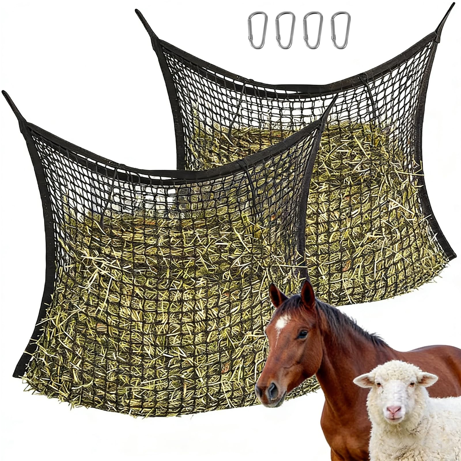 Heunetz für Pferde, langsames Füttern, 90 x 120 cm, robuster Heusack, Polyester-Netz mit Polypropylen-Kanten, idealer Futterspender für Pferde, Ponys, Ziegen, Schafe und Esel, perfekt für Anhänger
