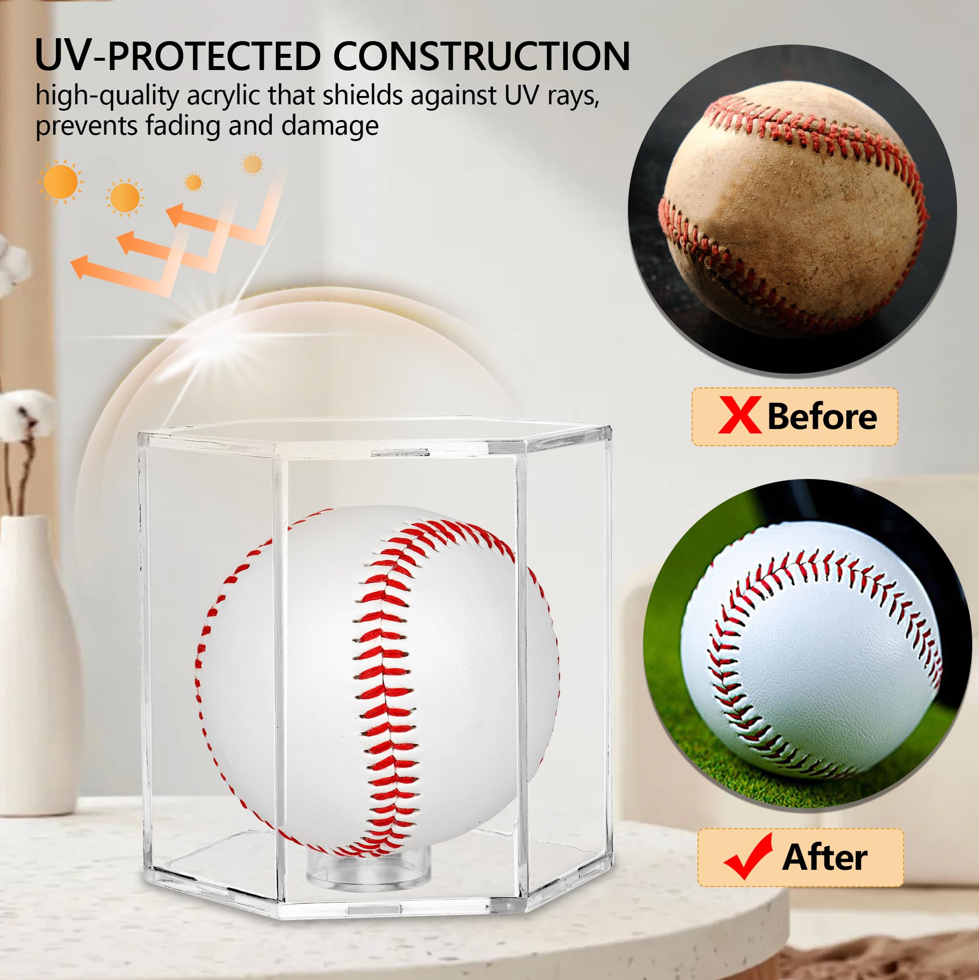 Vitrina hexagonal de acrílico transparente, protección UV, resistente al polvo para béisbol, pelotas de tenis, monedas, hermética con cierre sin costuras y soportes versátiles con 1 pelota y 2