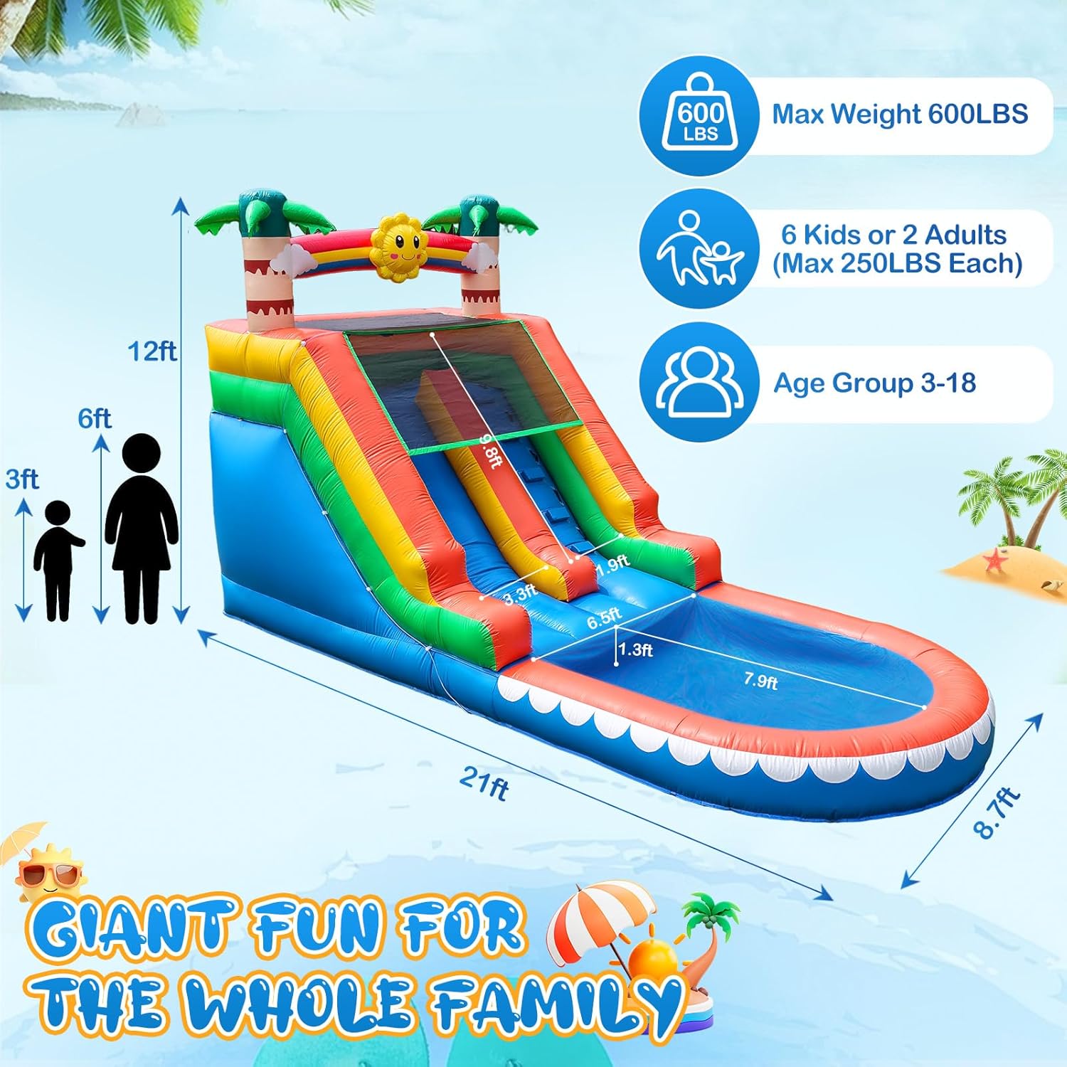 Tropical Inflatable Water Slide for Kids & Adults – 21FT Giant Blow Up Pool Slide with Climbing Wall, Splash Pool, Palm Tree Theme – Wet & Dry Use, 950W Blower, Backyard Summer Fun