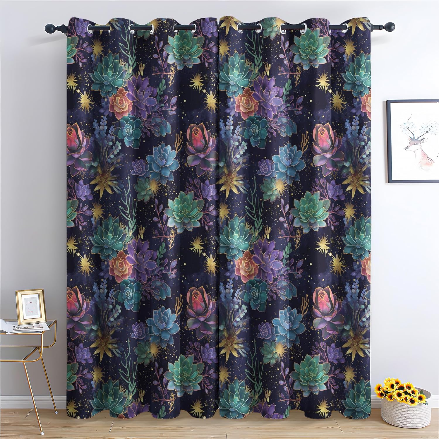 Floral Blackout Curtains for Bedroom Living Room - Purple Green Plant Curtains 72 Inch Length 2 Panels Set - Patterned Window Treatments - Grommet Drapes - Home Decor (D&-9741)