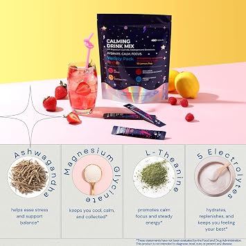 Calm Magnesium Glycinate Powdered Drink Mix with Electrolytes Sugar Free with Ashwagandha, L-Theanine, Vitamin B6 & GABA Cortisol Support, Stress Relief, Hydration & Focus - 30 servings (Variety)
