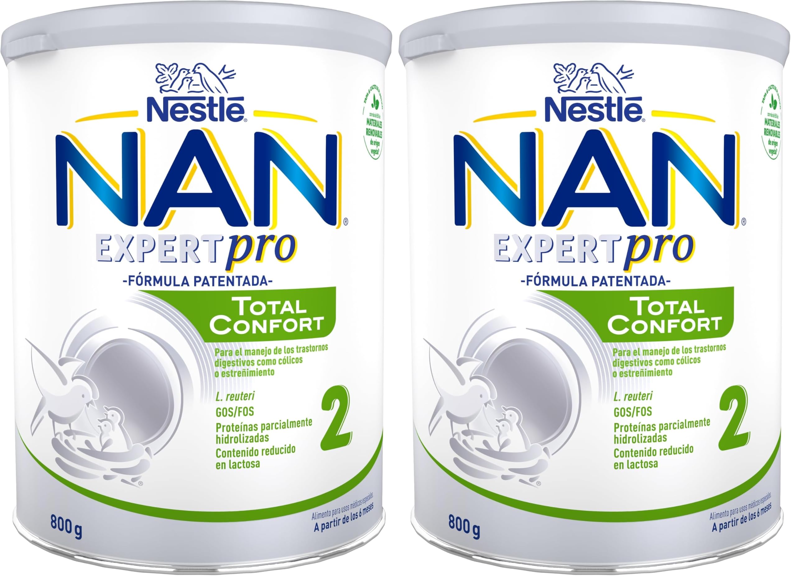Nestlé NAN TOTAL CONFORT 2 - Leche en Polvo para bebés con trastornos digestivos leves como cólicos o estreñimiento, leche de formula desde los 6 meses, bote de 800g (Paquete de 2)