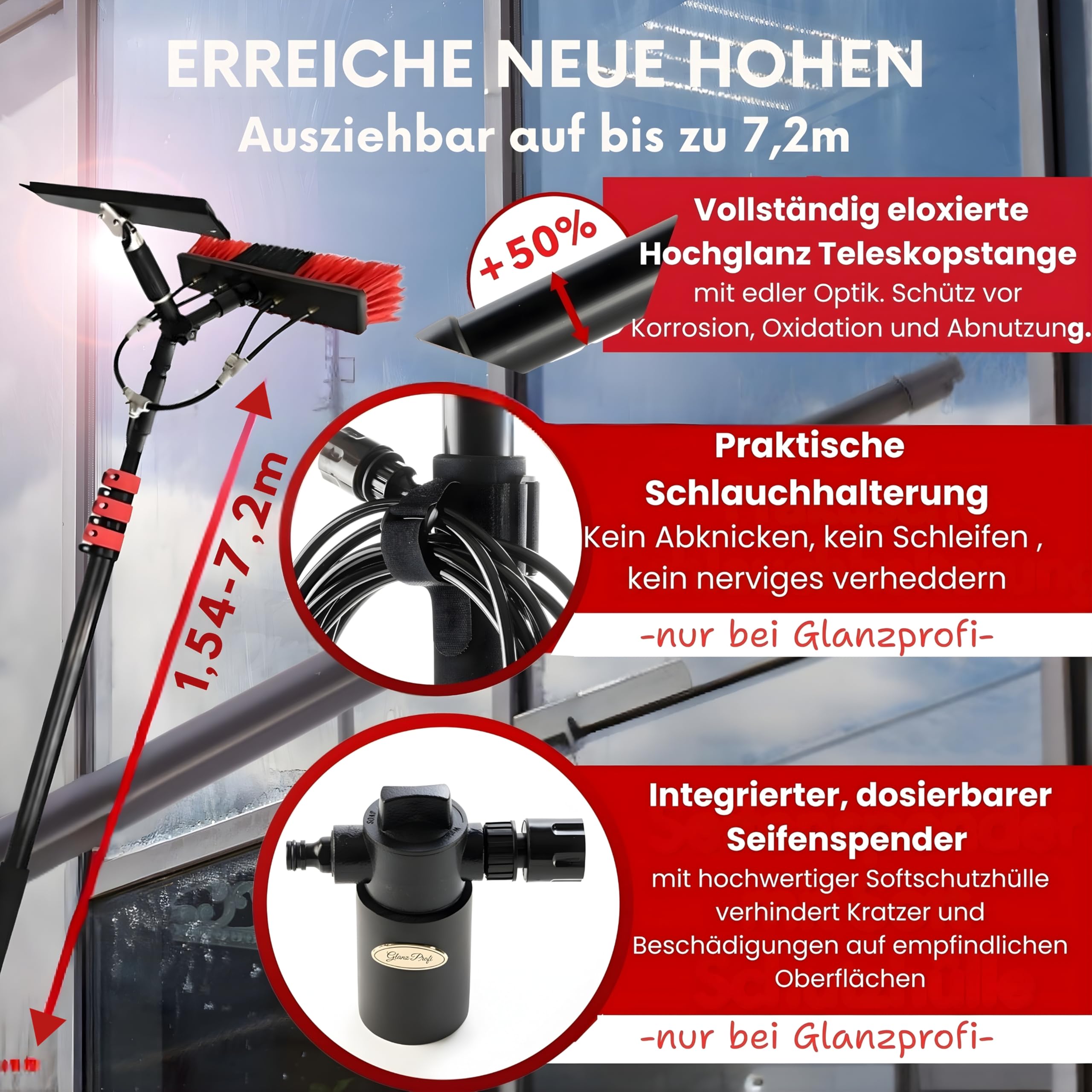 Glanzprofi Profi Teleskop Waschbürste 7,2m wasserführend – Perfekt für PV Anlage Reinigung & PV Reinigungsbürste – Teleskopbesen Solaranlage & Waschbürste mit Teleskopstiel