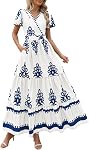 PRETTYGARDEN Womens Summer Casual V Neck Boho Maxi Dress Flowy Aline Bell Sleeve Tiered Floral Dresses with Pocket