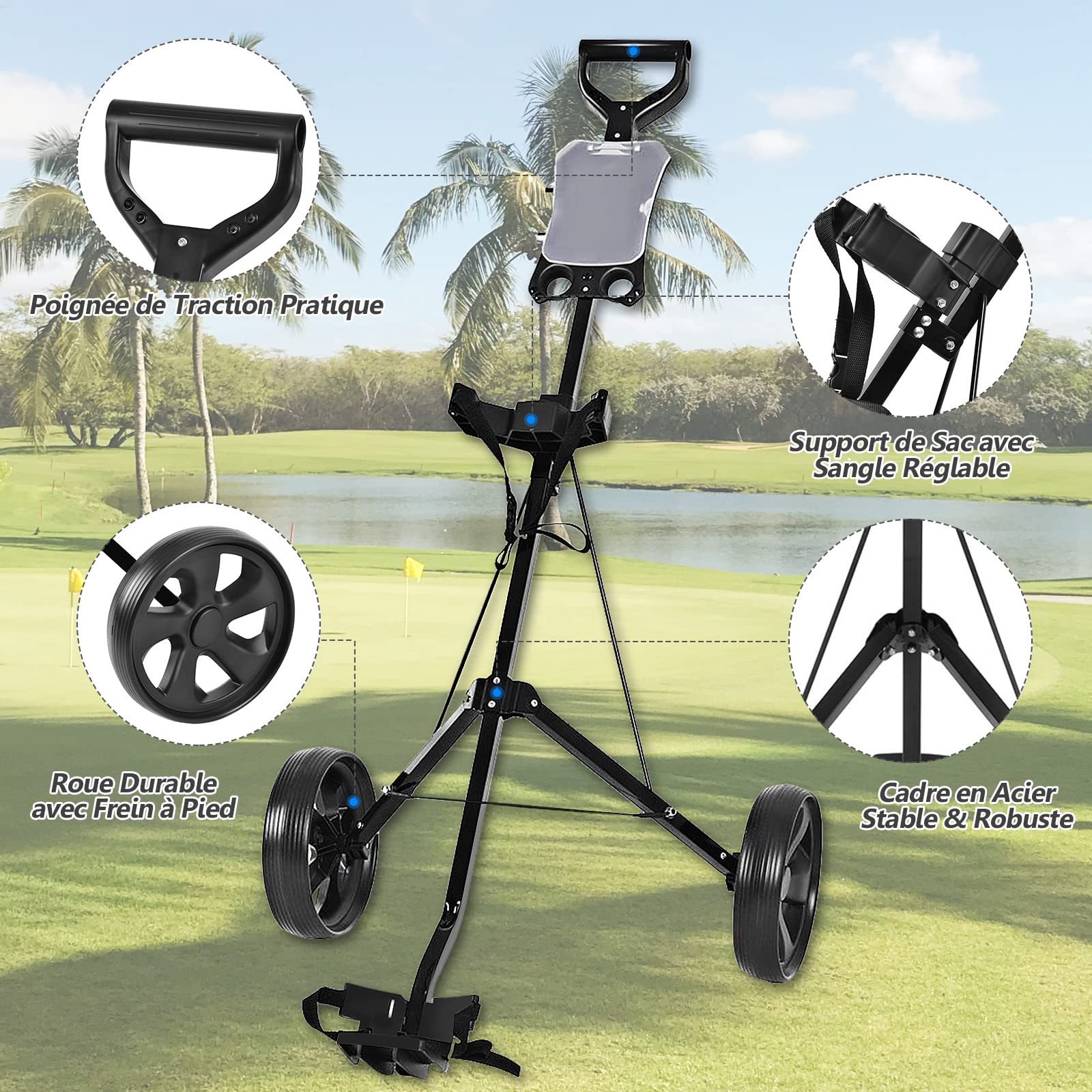 GYMAX Chariot de Golf à 2 Roues, Voiturette Golf Pliable avec Tableau de Score, Chariot de Golf Manuel avec Cadre en Acier Stable et Robuste, 97,5 x 68 x 111 cm