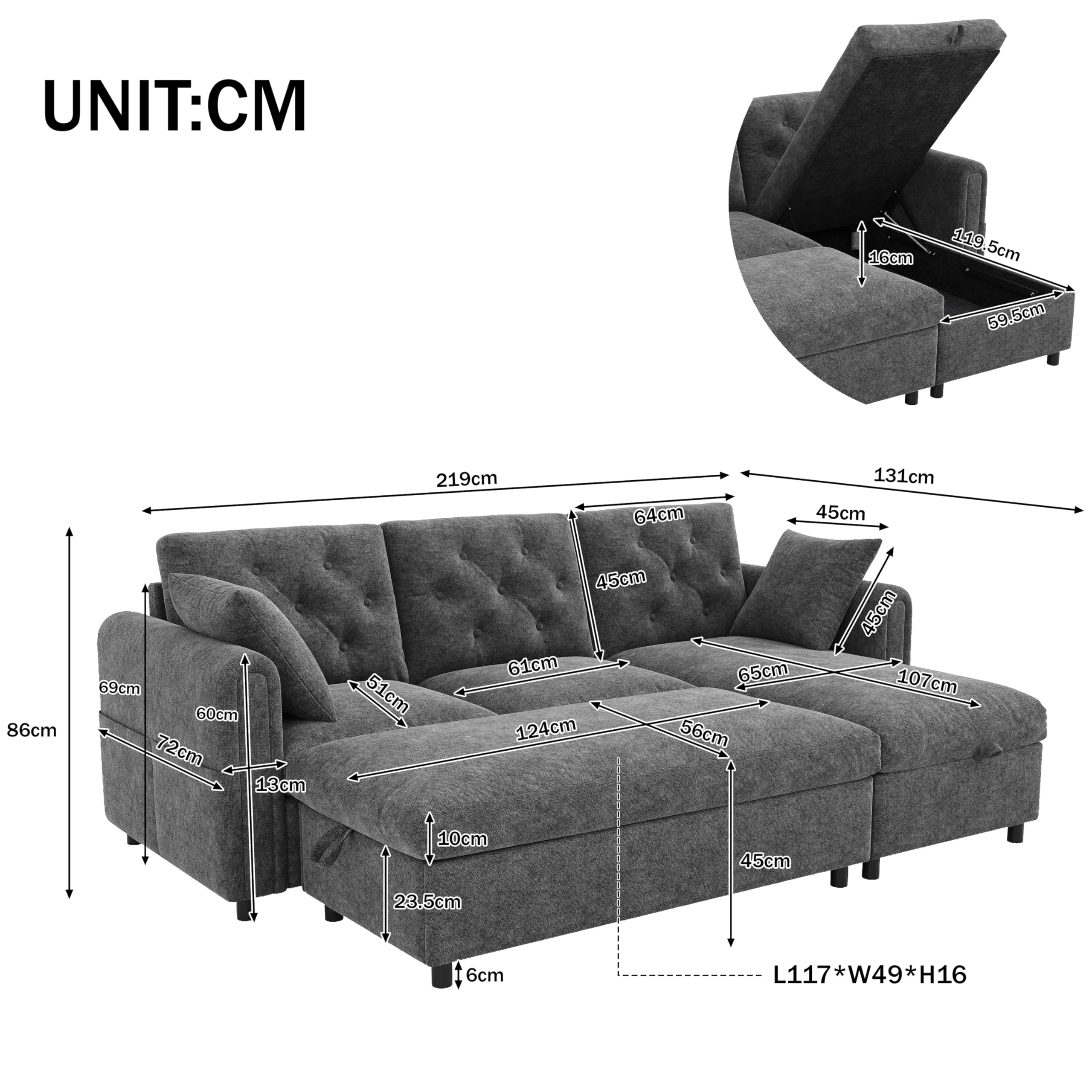 Merax Ecksofa mit Flexibler Ottomane & Hocker, Modulares L-Form Sofa mit 2 Bettkästen, beidseitig montierbar, Schlafsofa mit Seitentaschen & Knopfheftung, 3-Sitzer Couch, 219cm, Grau