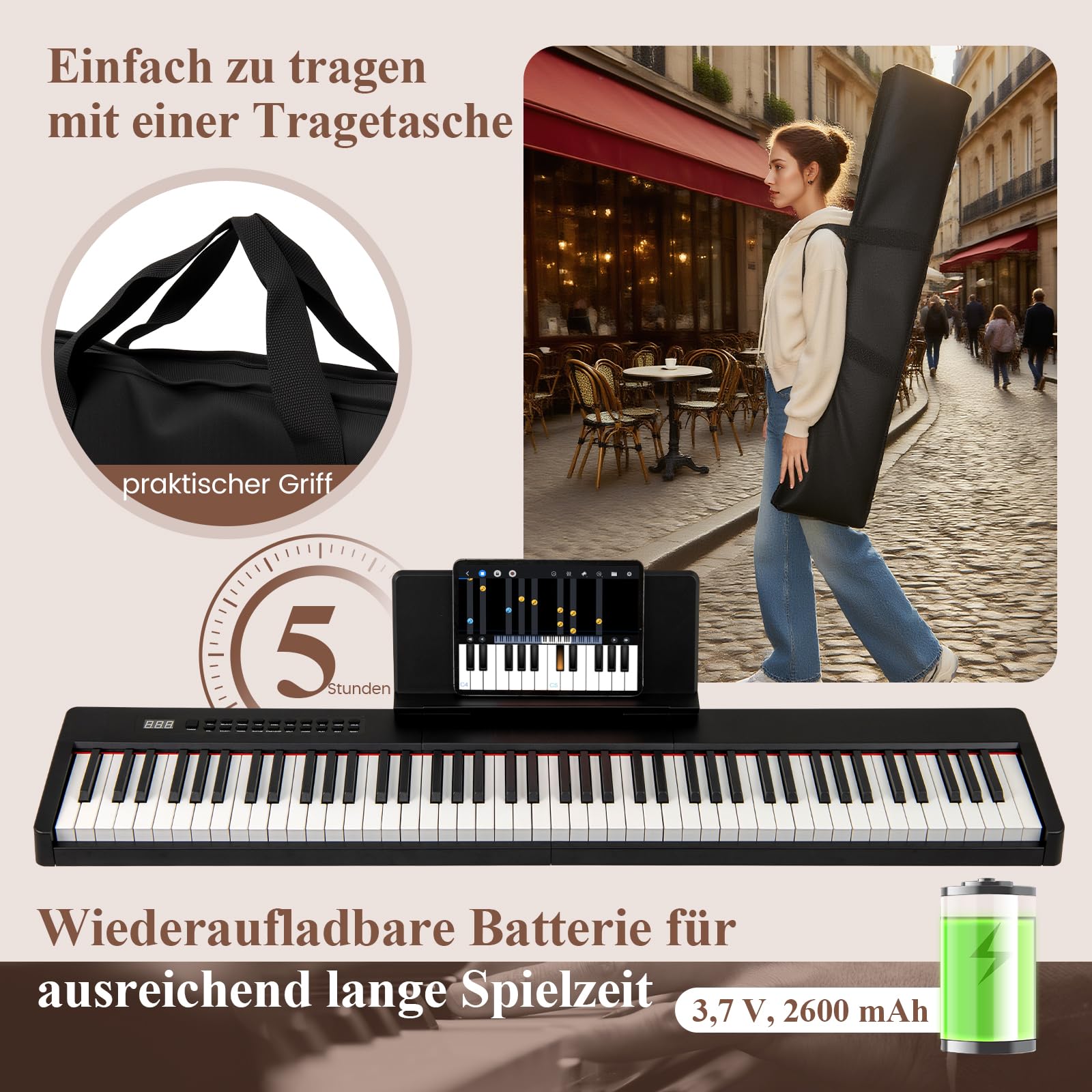 COSTWAY Keyboard Piano 88 Tasten, Digitales Klavier mit MIDI, Sustain Pedal, Musikständer & Tragetasche, E-Piano tragbar für Anfänger, Kinder, Erwachsene (Schwarz)