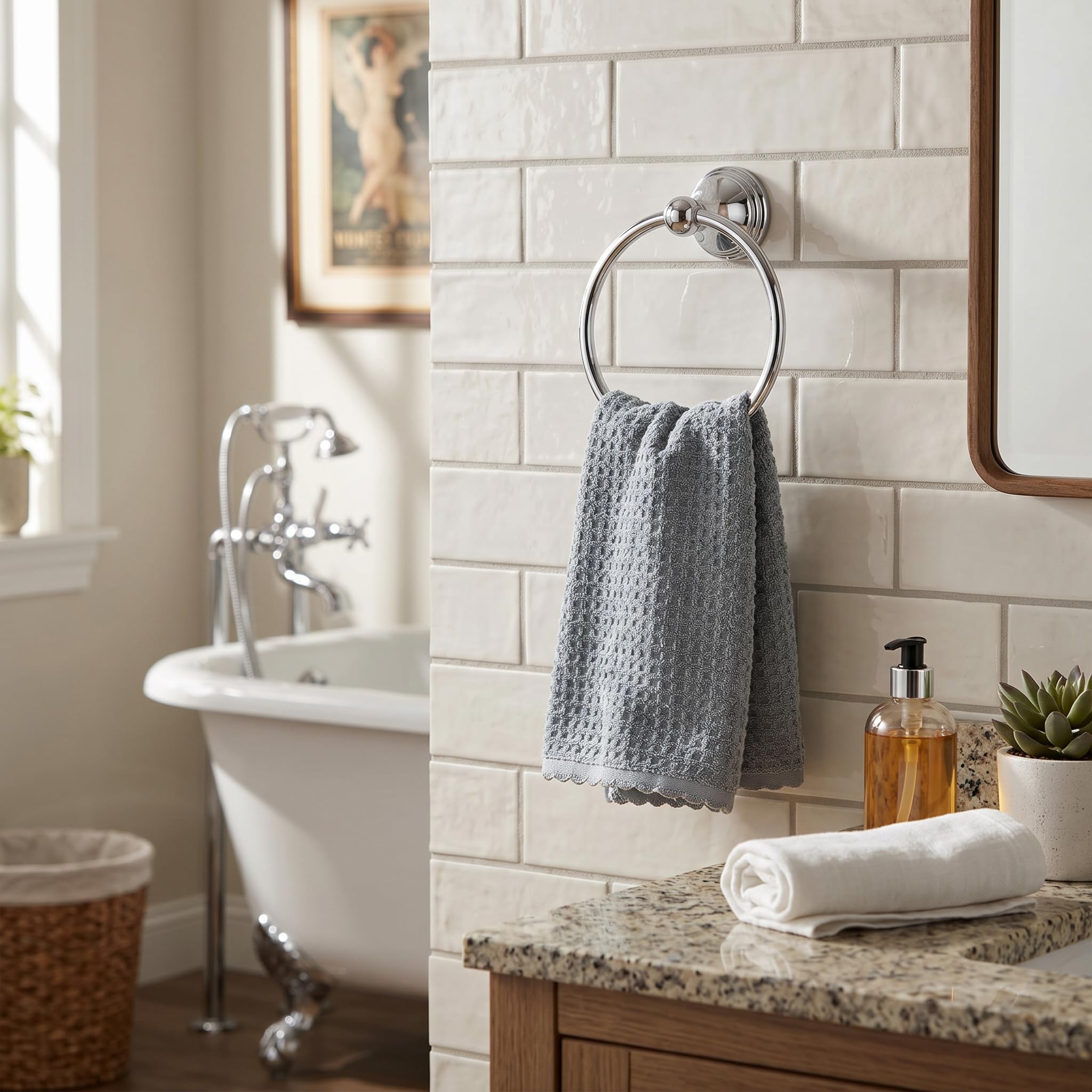 FTVOGUE Mano Toallero Estante Accesorios De Baño Estilo Retro Anillo Cromado 893