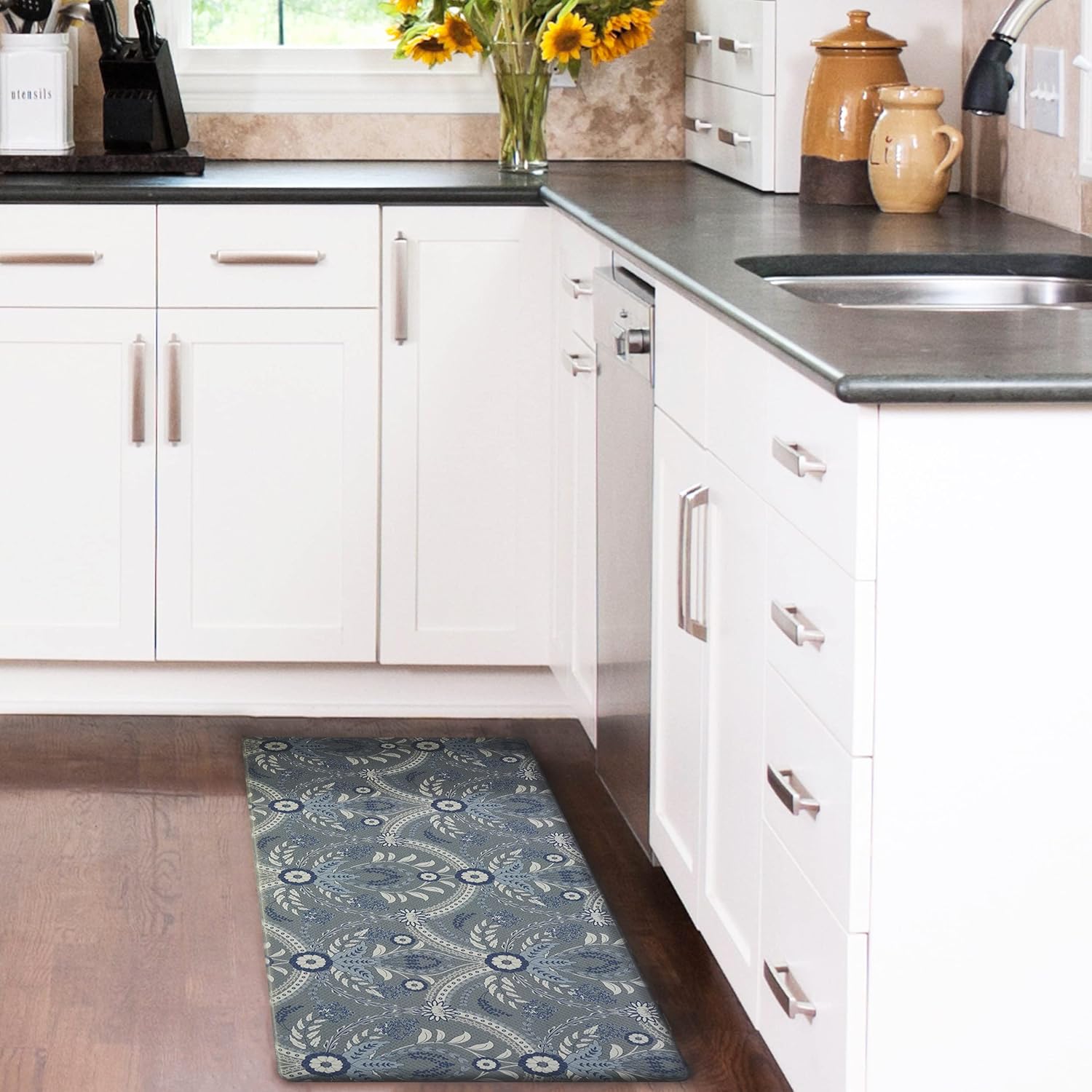 Laura Ashley – Anti-Fatigue Kitchen Mat | Almeida Floral Design | Stain, Water & Fade Resistant | Cooking & Standing Relief | Non-Slip Backing | Measures 17.5” x 60”| Blue Almeida