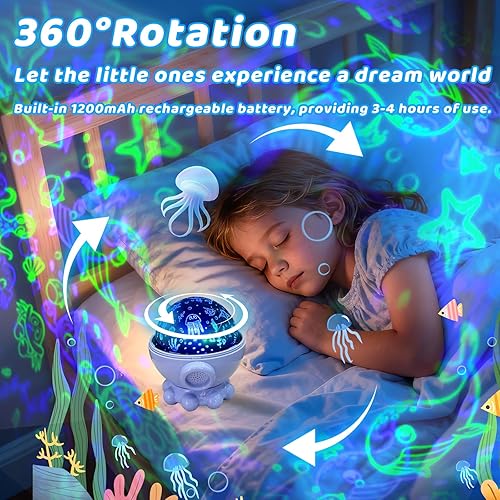 Miniatura 5 de Proyector de luz nocturna para niños, 17 modos de luz, proyector de estrellas oceánicas con rotación de 360, 3 películas de proyección y 9 canciones