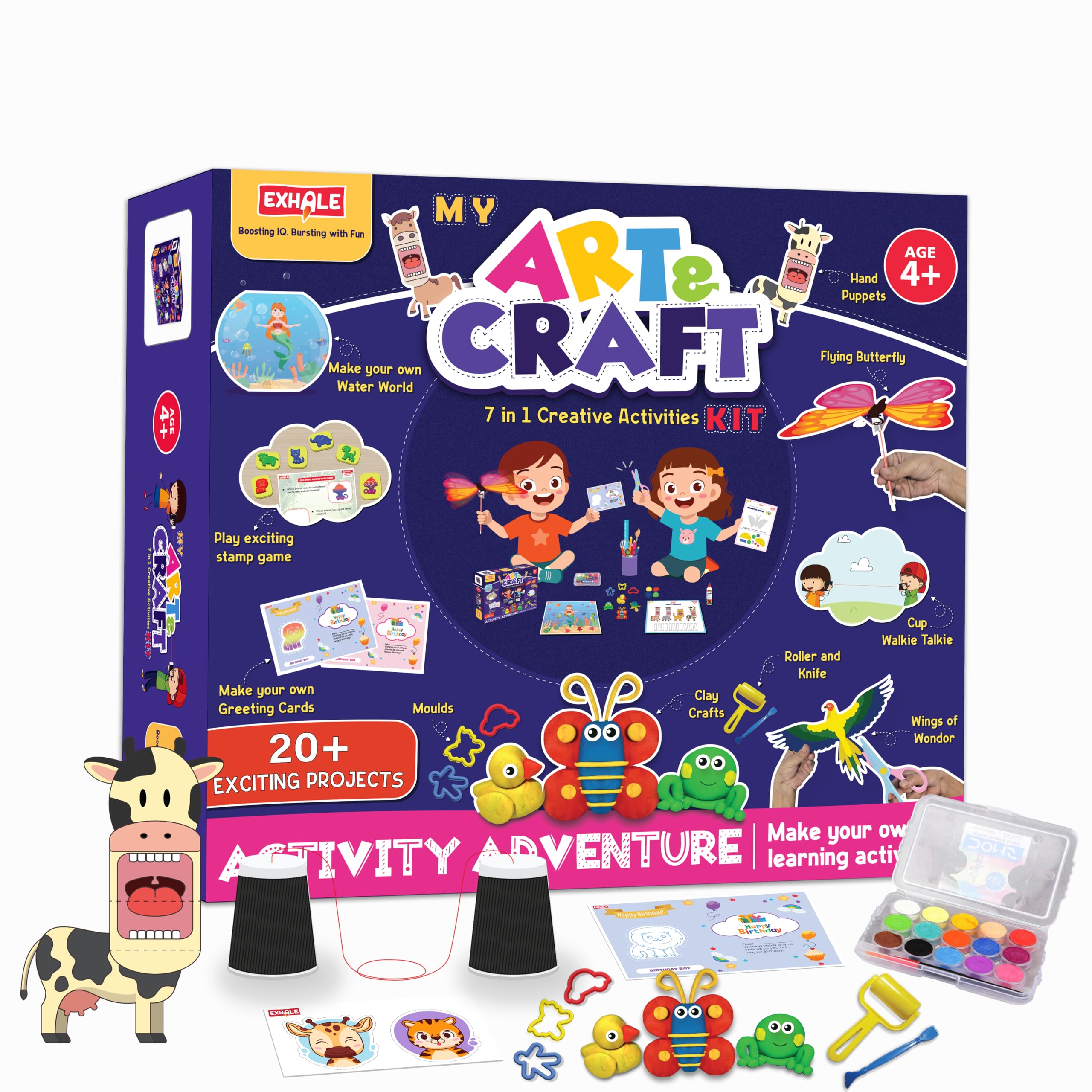 Exhale Art & Craft Activity Kit for Kids Ages 4+ | 7-in-1 DIY Creative Kit with Painting, Clay, Greeting Cards, Stamp Games & More | 20+ Fun Projects | Educational Birthday Gift for Boys & Girls
