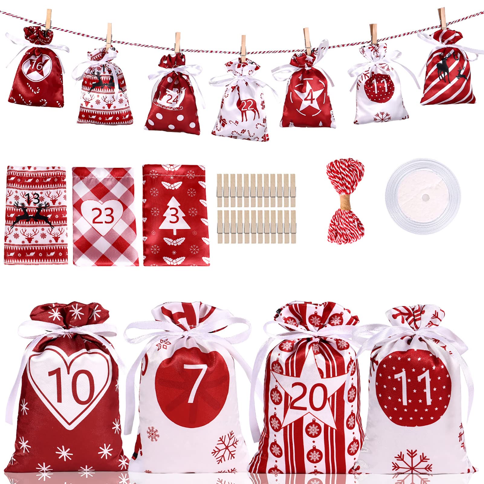 5 sacchetti per calendario 'Avvento, calendario natalizio con | conto alla rovescia, regalo con coulisse, materiale satinato e design natalizio, buon effetto decorativo per