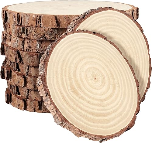 PINGEUI 10 rebanadas de madera natural de 7 a 8 pulgadas con corteza, discos redondos grandes sin terminar para manualidades, círculos de madera