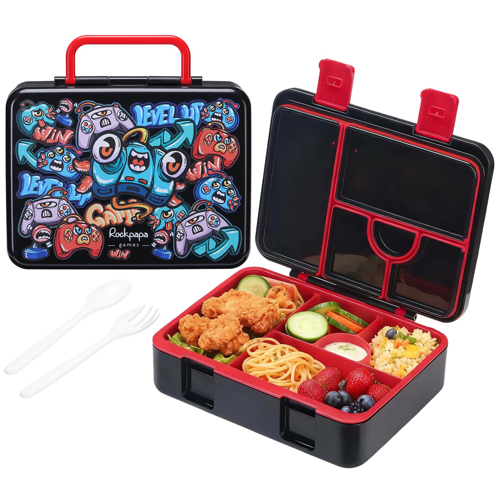 rockpapa 5 Compartment Bento Lunch Box for Kids, Leak Proof, Dishwasher Safe, BPA Free Materials, 47oz Snack Bento Box with Utensils & Handle for Boys