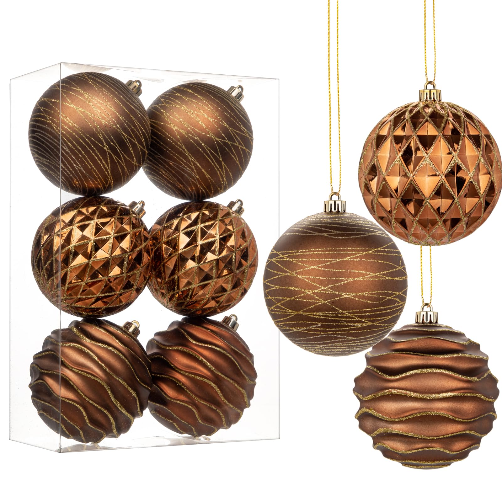 Hollyone 10CM Large Christmas Baubles, 6PCS Bronze Baubles for Christmas Tree Decorations, Giant Xmas Balls Christmas Hanging Ornaments for Wedding Party Tree Decor