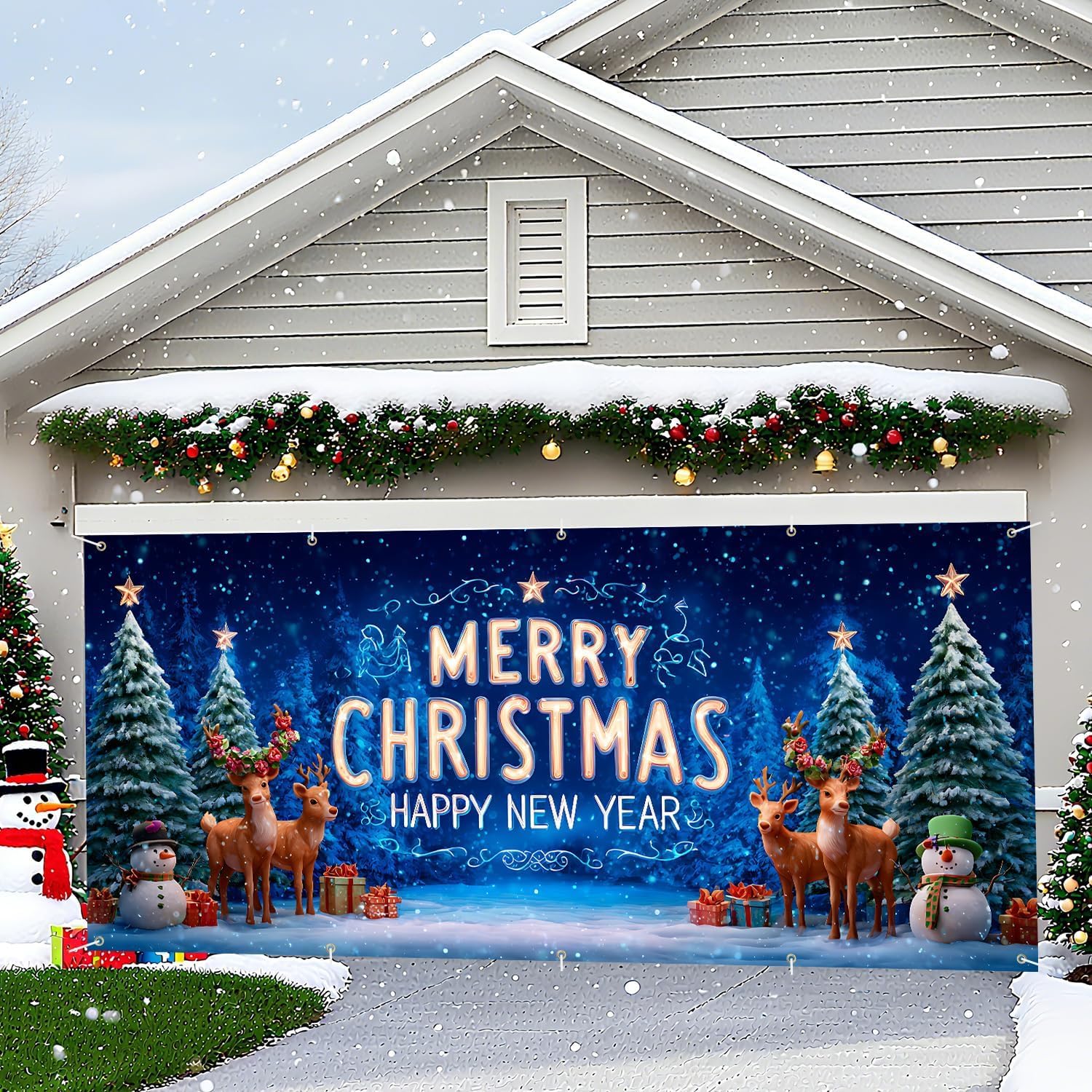 7x16 ft Christmas Reindeer & Snowman Garage Door Banner Holiday Outdoor Décor, Merry Christmas & Happy New Year with Festive Trees, ReindeerSnowman, for Garage, Porch & Driveway
