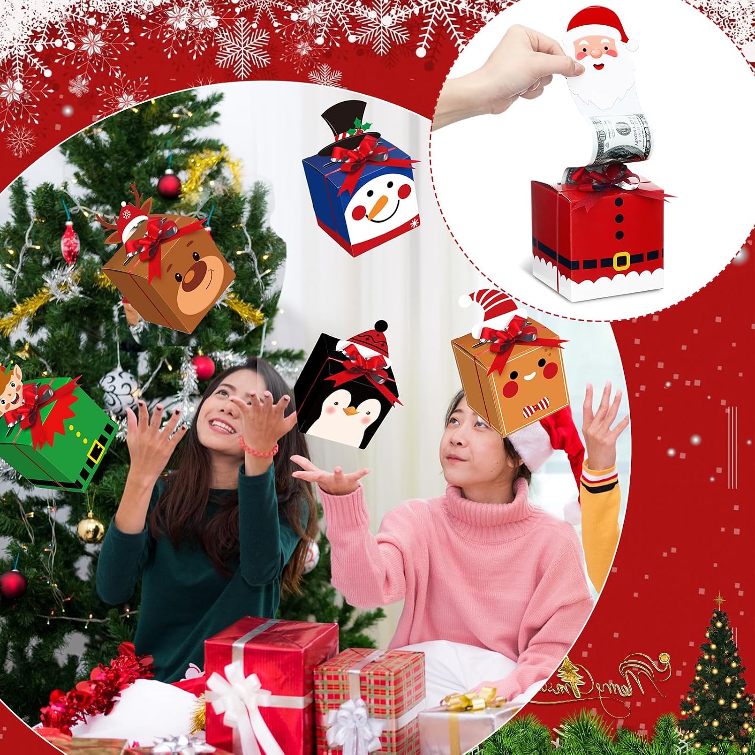 Cholemy 12pcs Christmas Money Box for Cash Pop up Christmas Money Holders for Cash Gift DIY Surprise Merry Pull Box Kit with Seal Bags for Xmas Holiday Birthday(Stylish Style)