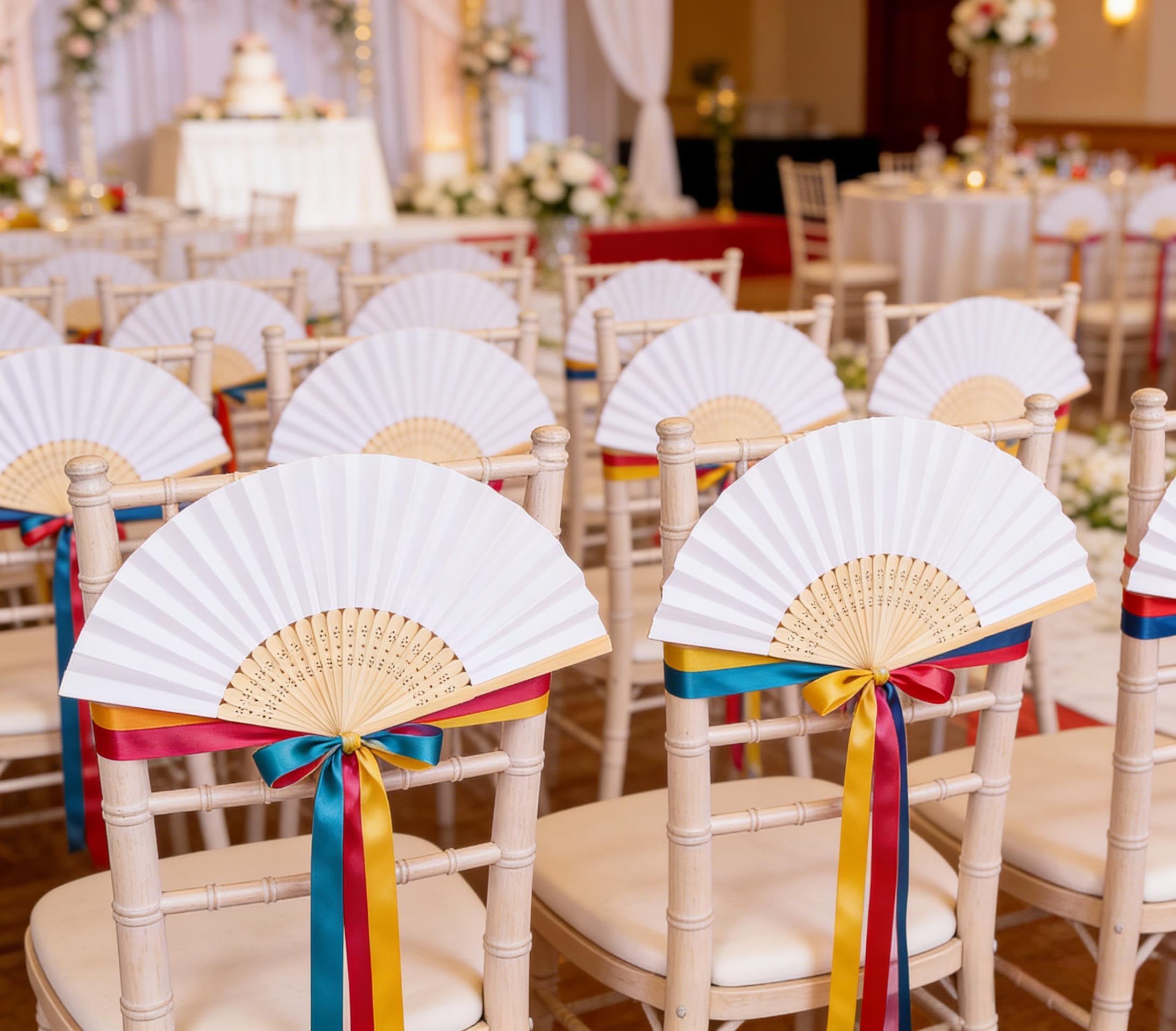 50 Handfächer Hochzeit- Weißer Fächer für Sommer Events & Hochzeitsdeko DIY-Dekoration, Fächer Hochzeit Gäste, Fächerstiel aus hochwertigem Bambus