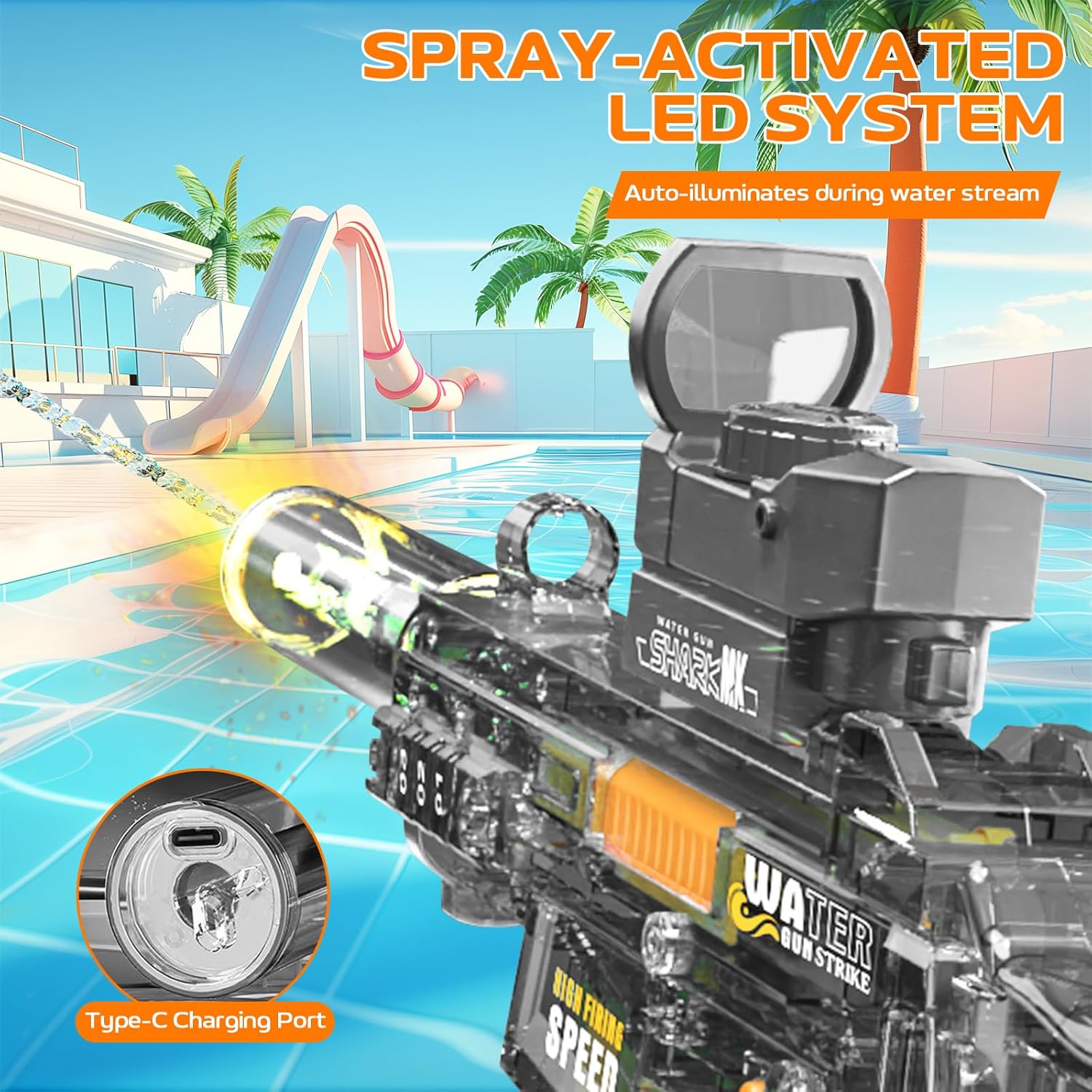 Electric Water Gun for Adults Kids, Transparent Automatic Squirt Watergun Pistol with Water Spray Sound and Led Lights, Summer Outdoor Pool Beach Party Toys for Boys Girls, UMP45 Black