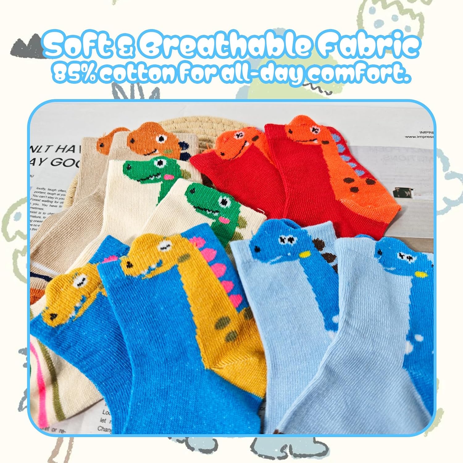 Nirvany 5 Pairs Dinosaur Socks for Kids, Funny Cartoon Dino Cotton Crew Socks, Great for Boys & Toddlers
