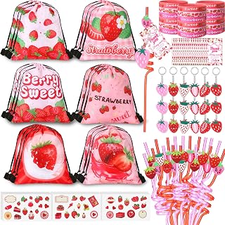 LemonRoad 109 Pcs Strawberry Party Favors Set Birthday Supplies | Drawstring Bags, Backpack, Keychains, Bracelets, Stickers, Straws Tags, Birthday Party Favors Rewards Gifts