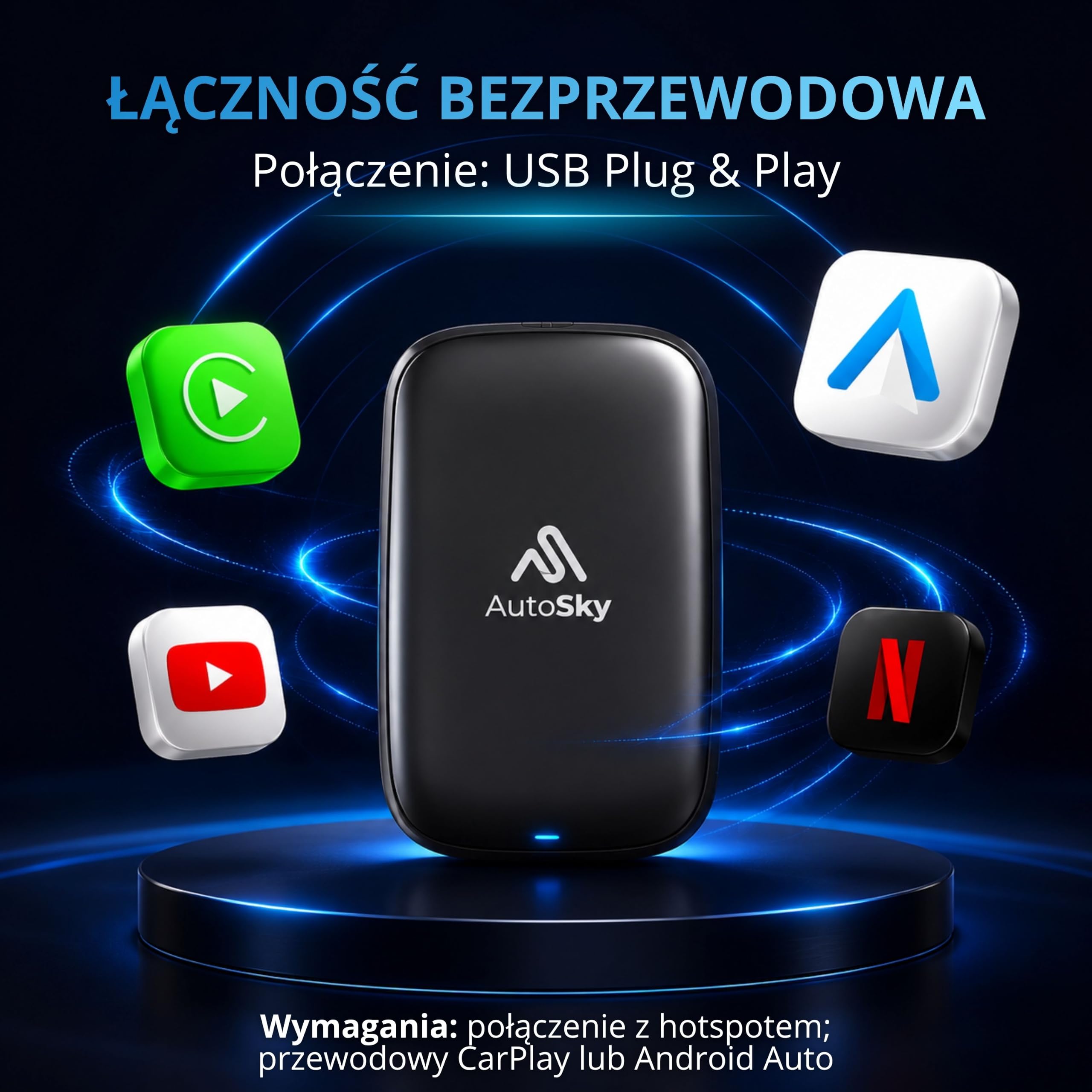 AutoSky Bezprzewodowe CarPlay i Android Auto AI Box Lite do fabrycznych przewodowych samochodów CarPlay - obsługuje Netflix YouTube i Gmail - Go Wireless ze wszystkimi funkcjami Wired CarPlay i