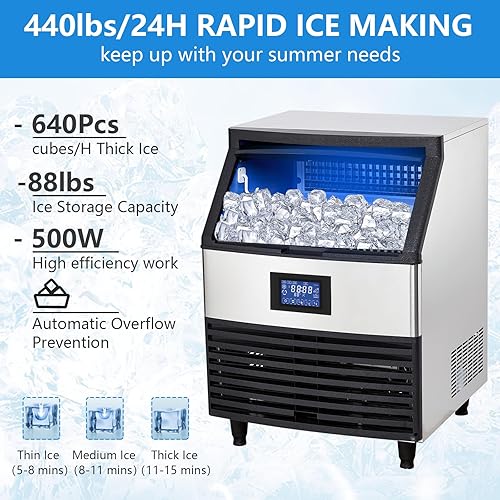 Miniatura 4 de Máquina comercial para hacer hielo de 440 libras24 horas, máquina de hielo de acero inoxidable debajo del mostrador con capacidad de almacenamiento