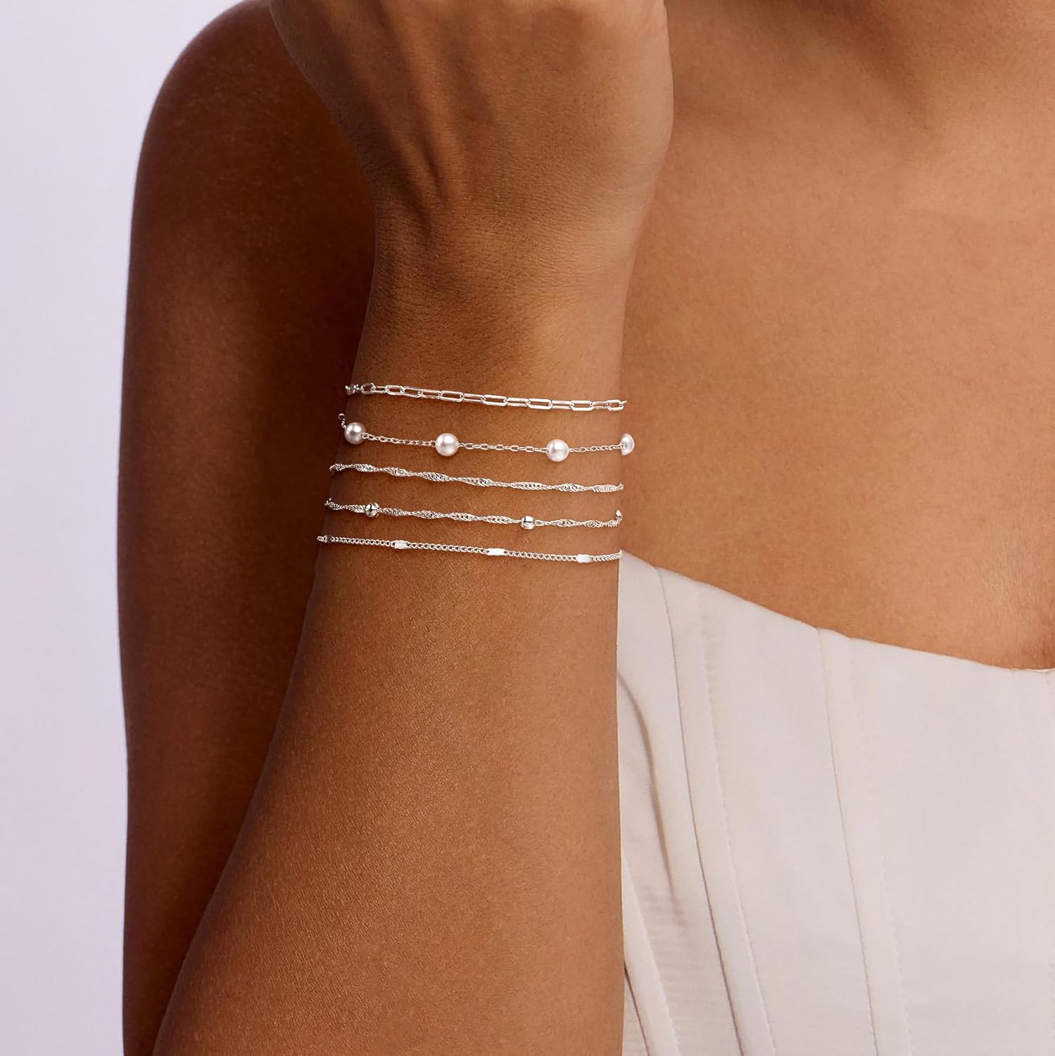 14K Silver Plated Dainty Pearl Bracelets for Women, Paperclip Chain Bracelet Stack for Women Waterproof Small Simple Cute Beaded Bracelet Set Silver Plated Pearl Jewelry Set Thin Prom Wedding Jewelry