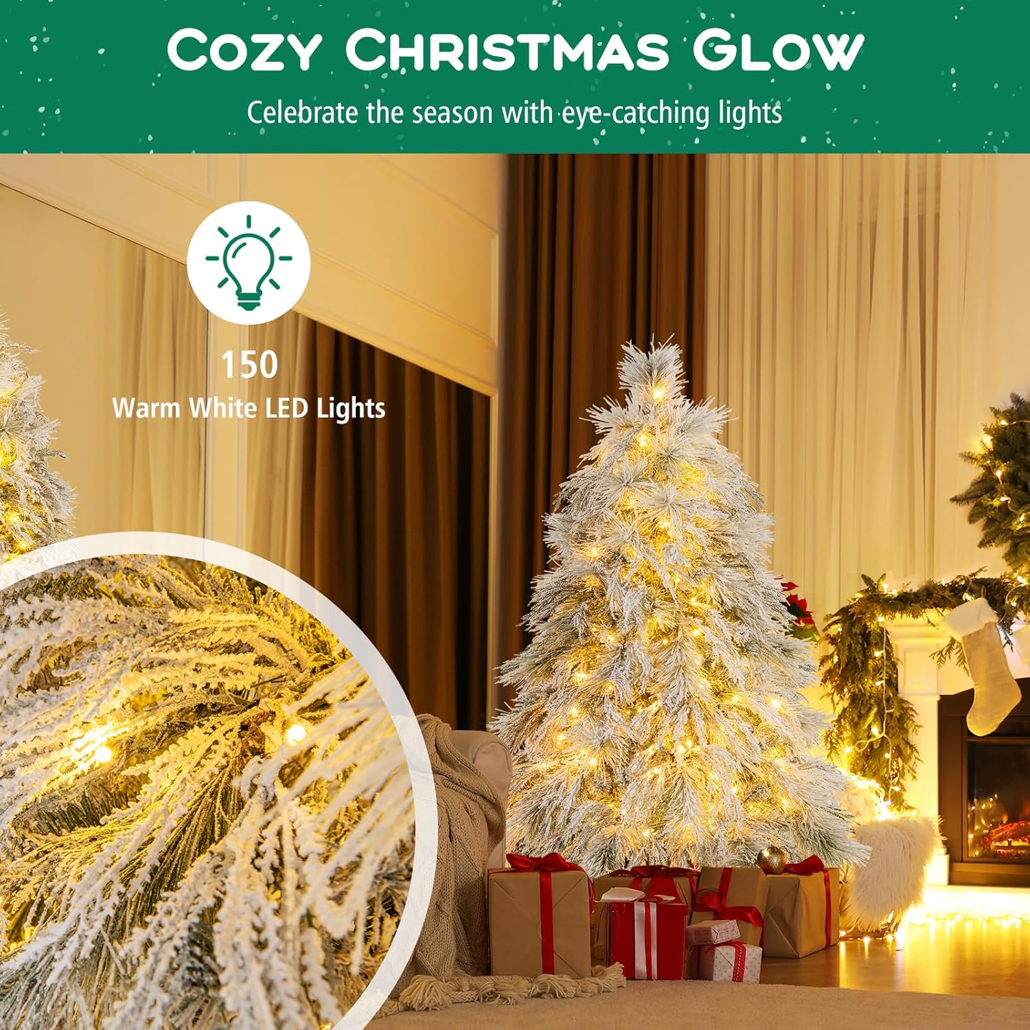 DORTALA Pre-Lit Snow Flocked Christmas Tree 4.5 FT, Hinged Artificial Xmas Tree with Stand, 279 Branch Tips, 150 Warm White LED Lights, Decoration Christmas Tree for Home Living Room, Shop & Office