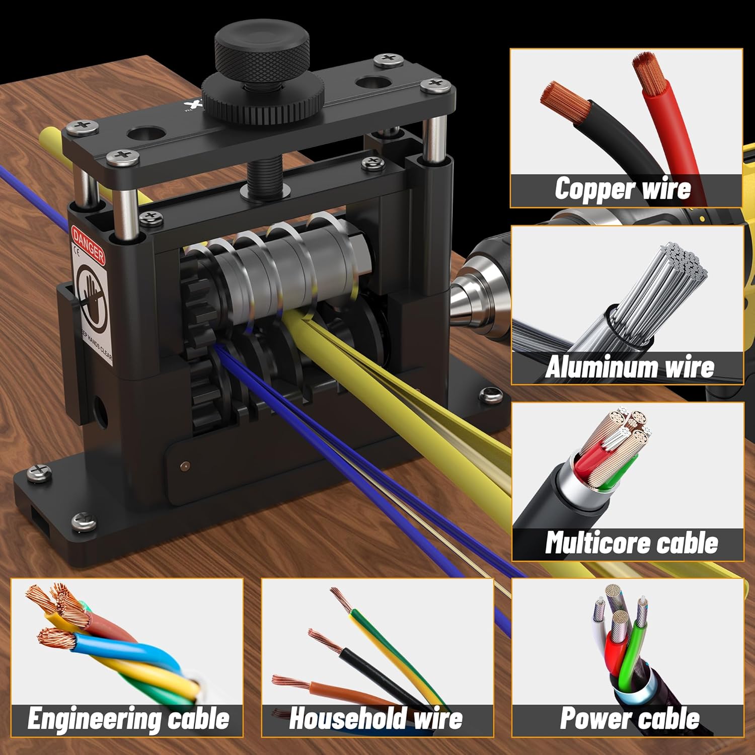 PRO Wire Stripper Machine W / 6 Channels & 5 Carbide Blade, Φ0.06-0.65'' Upgraded & Aluminum Frame Drill Powered Wire Cable Stripper, Efficient recycling of Copper Wire