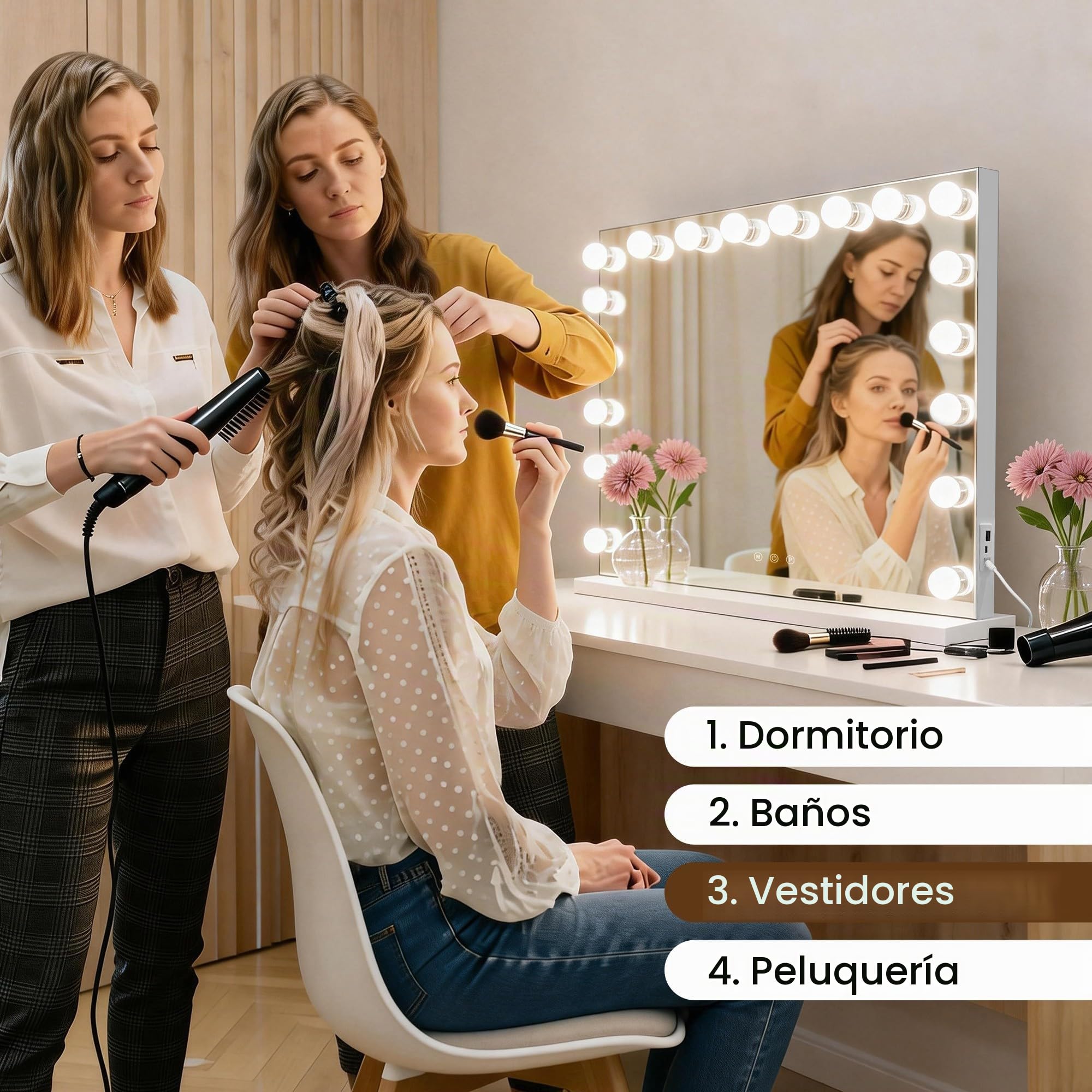 MIQU Espejo Maquillaje con Luz 80x60cm,Espejo Tocador Hollywood con 18 Bombillas LED,3 Modos de Luz,Intensidad Ajustable,con Puerto USB/Type-C,Aumento,Control Táctil,para Mesa o Pared