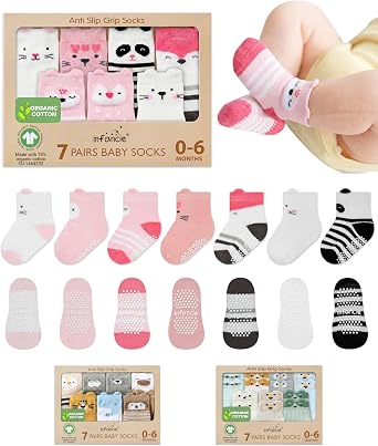 Organic Cotton GOTS Certified Non-Slip Baby Socks 0-6 Months - 7 Pairs Soft Breathable Newborn Socks Animal Design For Infant