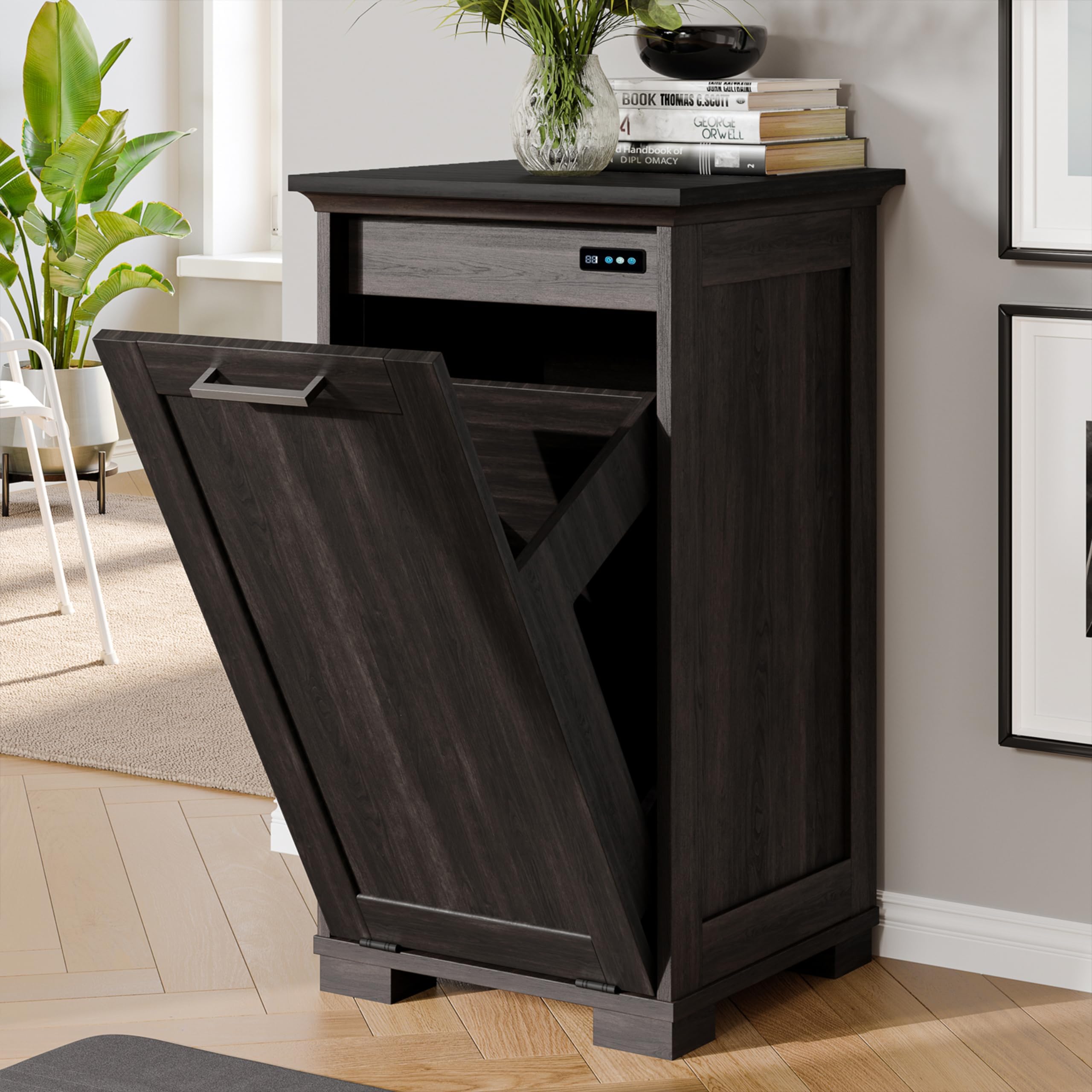 Tilt Out Trash Cabinet Wooden, Single Door 10 Gallons, Espresso Finish+Black Top Panel