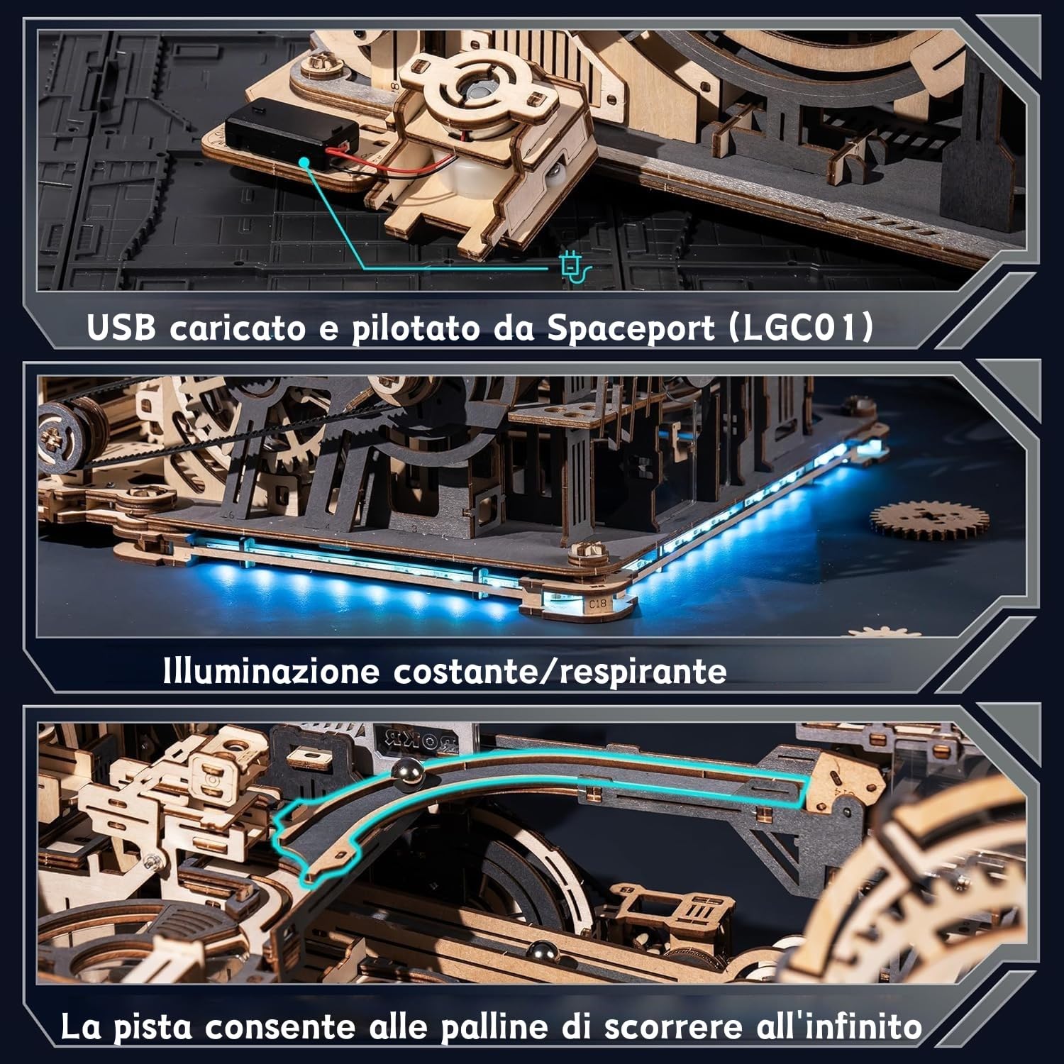 ROKR Puzzle 3D Legno Piste da Corsa Elettrico Rompicapo Modellismo da Costruire Adulti Idee Regalo Donna Uomo(Night City&Link Pack&Spaceport)