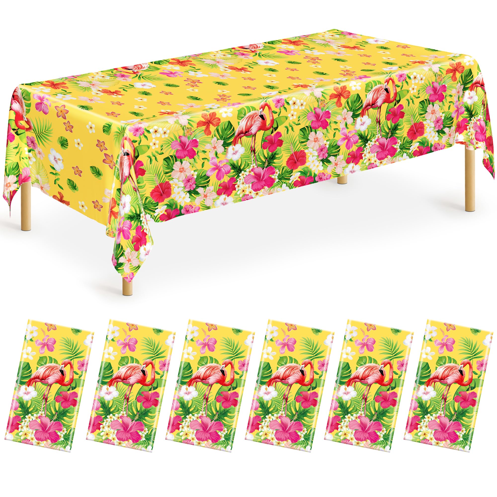 QZYL 6 PCS Luau Tablecloths, 54 x 108 Inches Hawaiian Table Cloths, Disposable Luau Party Supplies Tropical Decorations with Flamingo Palm Leaves, Aloha Party Decorations Summer Decor for Tiki Bar