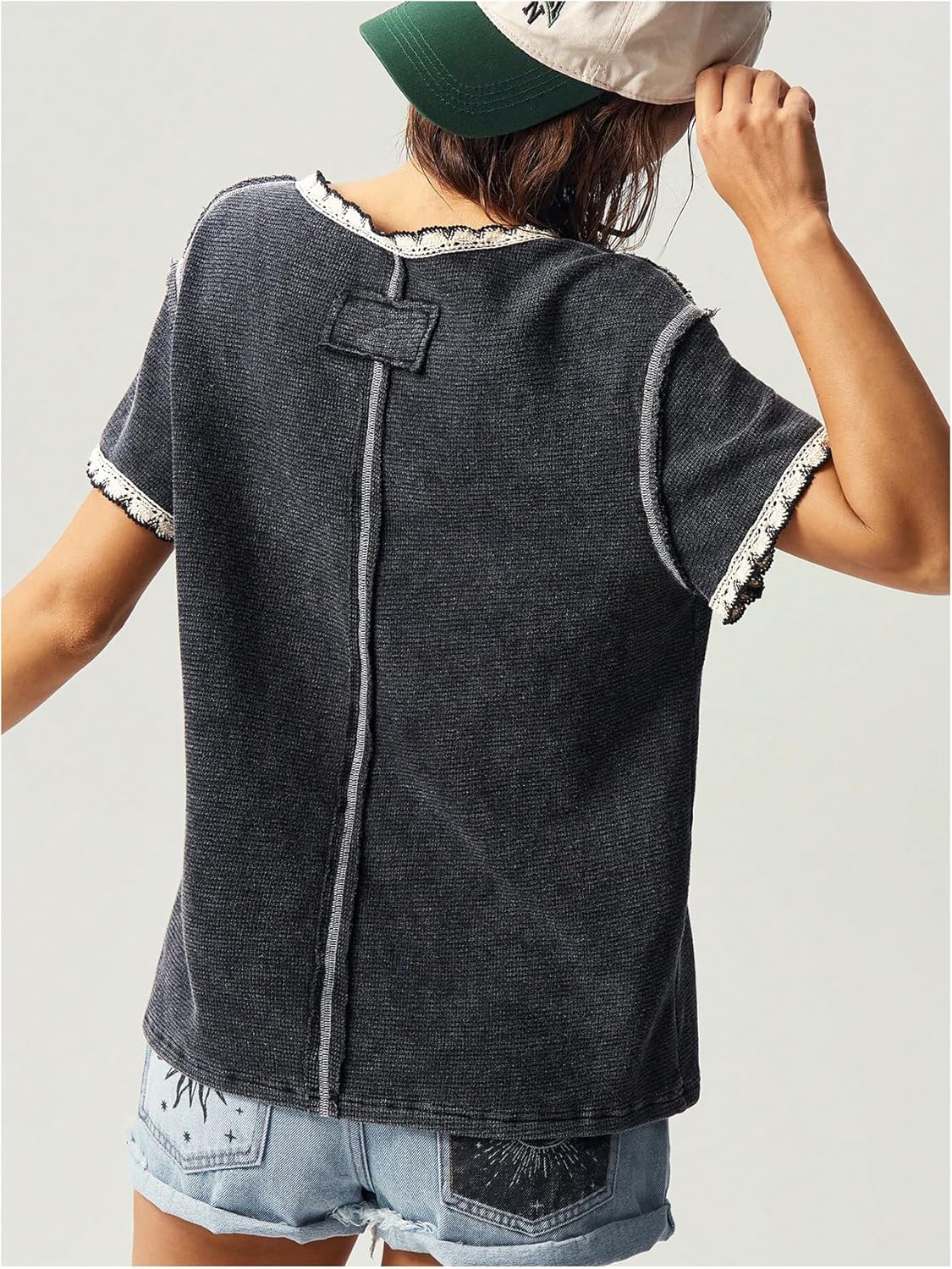 Women's V Neck Washed T Shirts Short Sleeve Loose Tee Tops Summer Clothes - Image 2