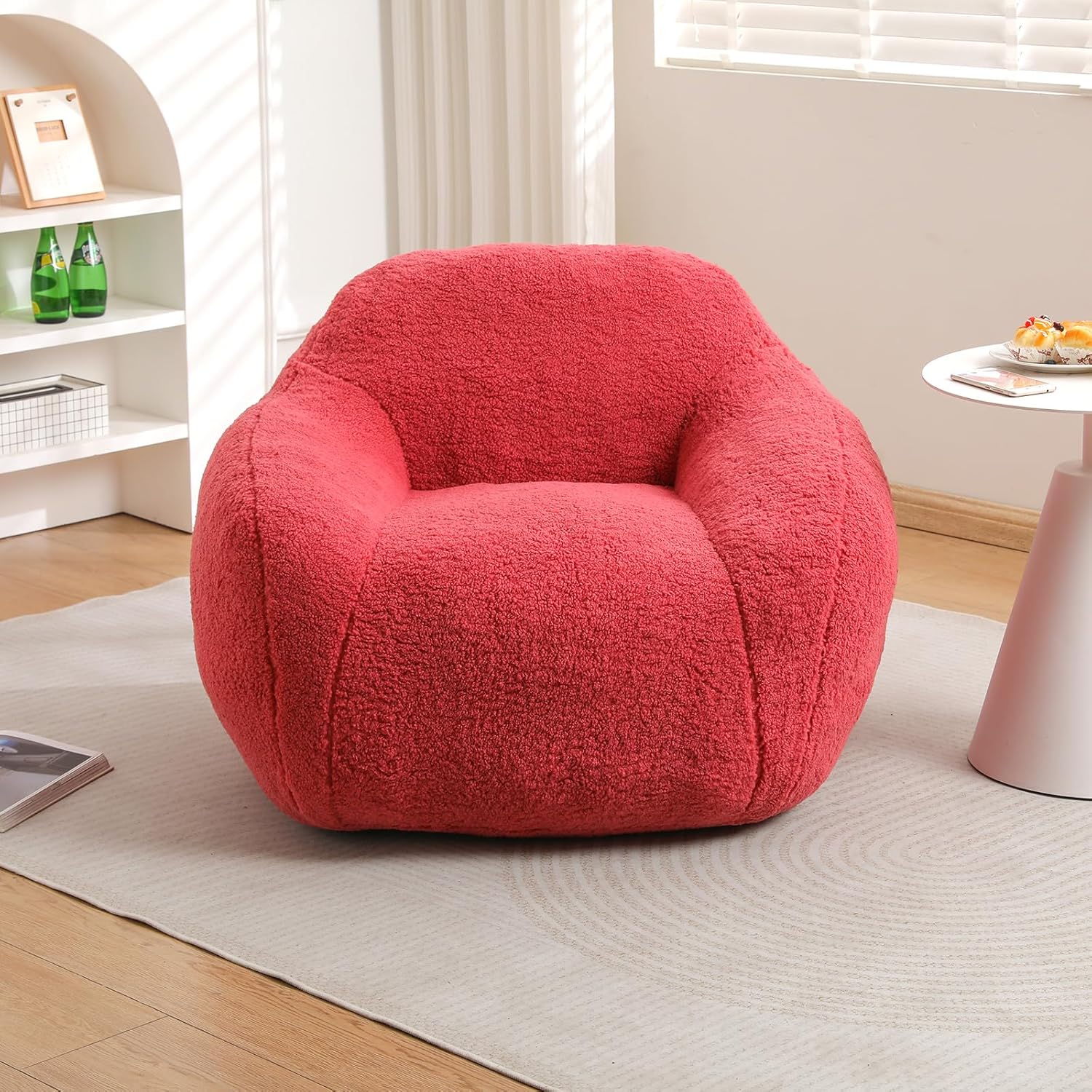 Beanbag Chair, Big Bean Bag Chair with Filler, Living Room Bean Bag Chair for Adult, Large Beanbag Chair for Adults with Filling (Teddy Fabric in Red, 39.4" Wx36.6 Dx26.8 H)