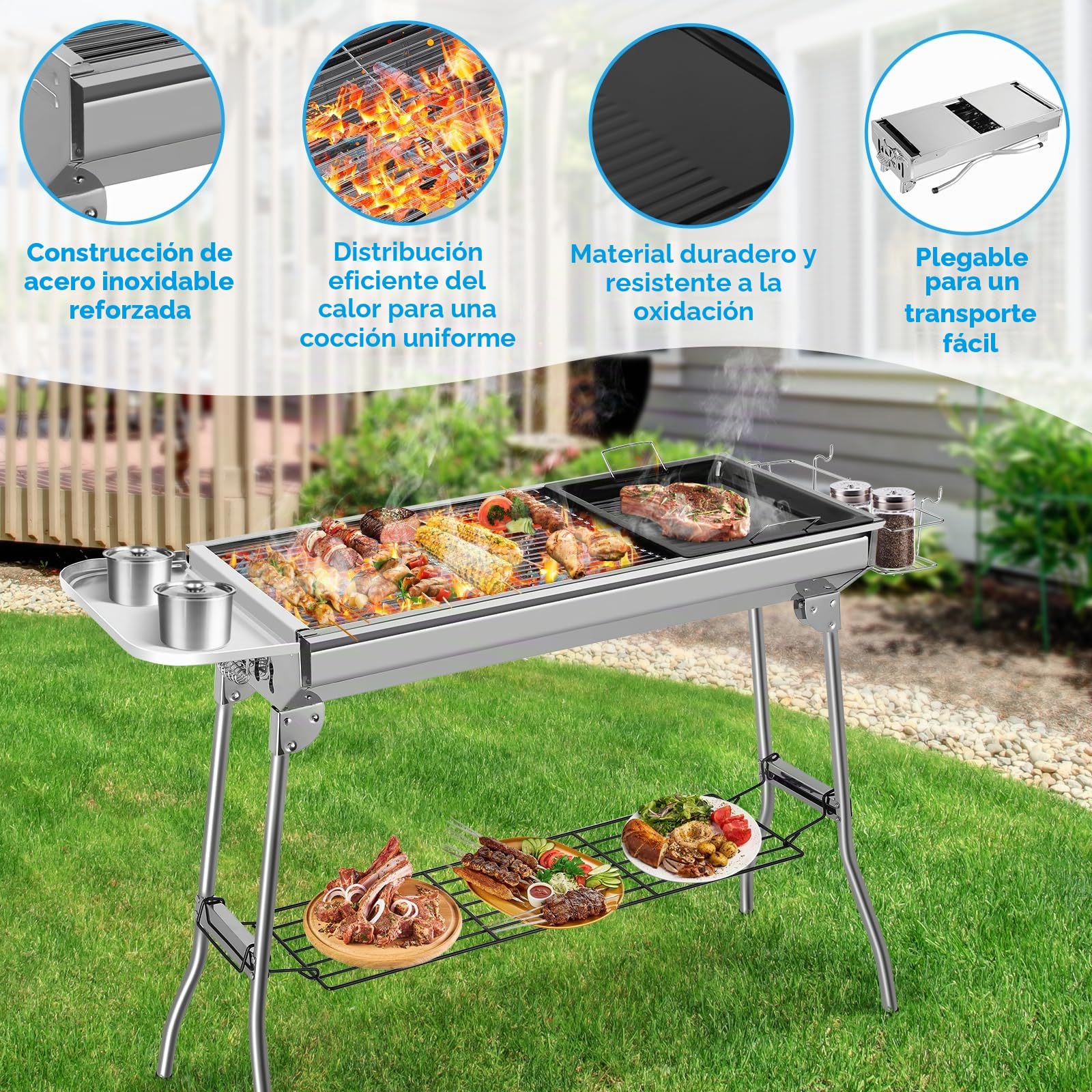 Barbacoa de Carbón Portátil, Parrilla de Acero Inoxidable Plegable, Barbacoa Carbon XXL con Sartén Antiadherente para Jardín, Terraza, Picnic, Camping
