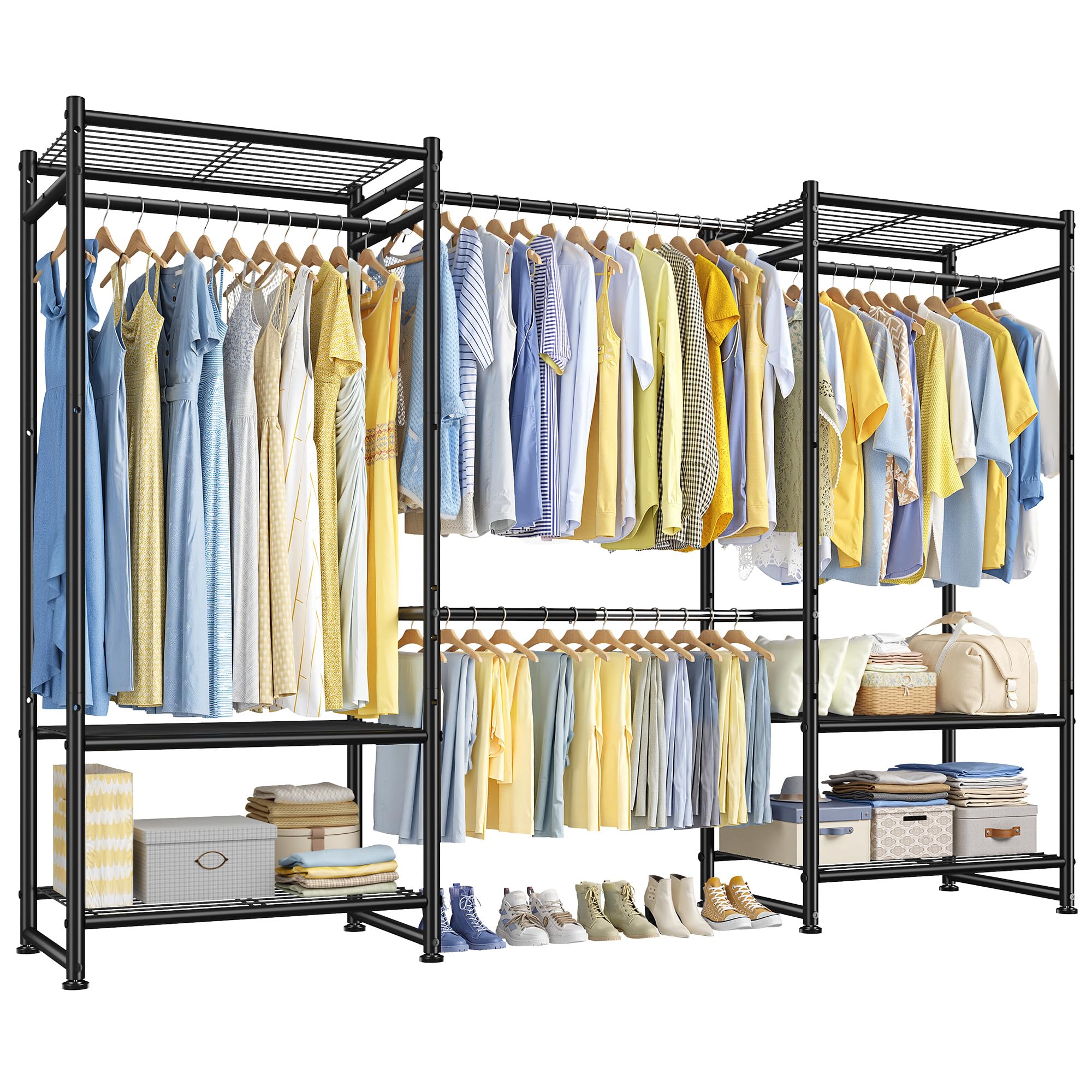 Raybee Clothes Rack, Heavy Duty Expandable Clothing Racks for Hanging Clothes, Adjustable Metal Closet Rack with 4 Rods & 6 Shelves, Freestanding Closet Wardrobe for Bedroom, Max Load 660lbs