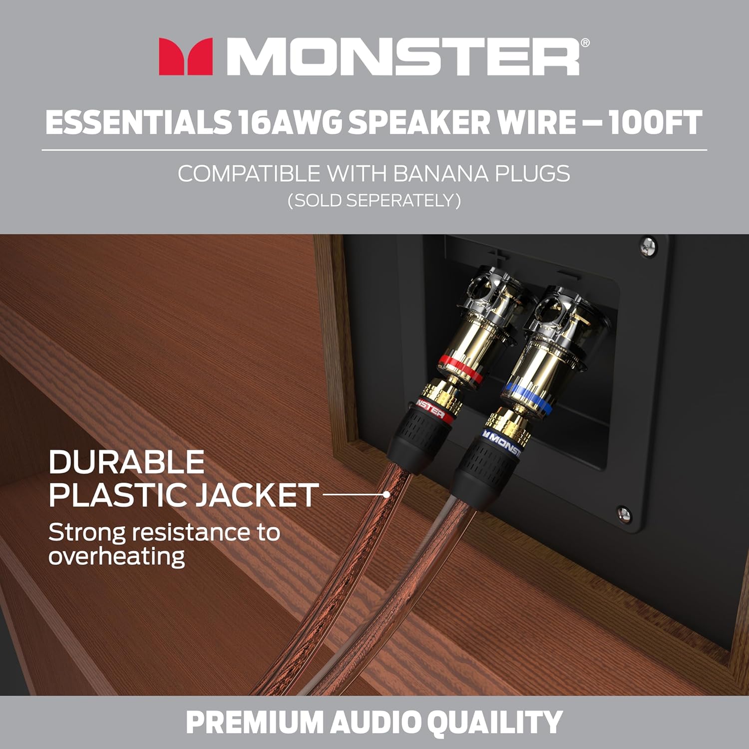 Monster Essentials High Performance Speaker Wire 16 Gauge Copper Clad Aluminum (CCA) Speaker Cable 100 FT Spool – Ideal Home Cinema Speaker Wire Cable and Car Audio Speaker Cables/Speaker Wires